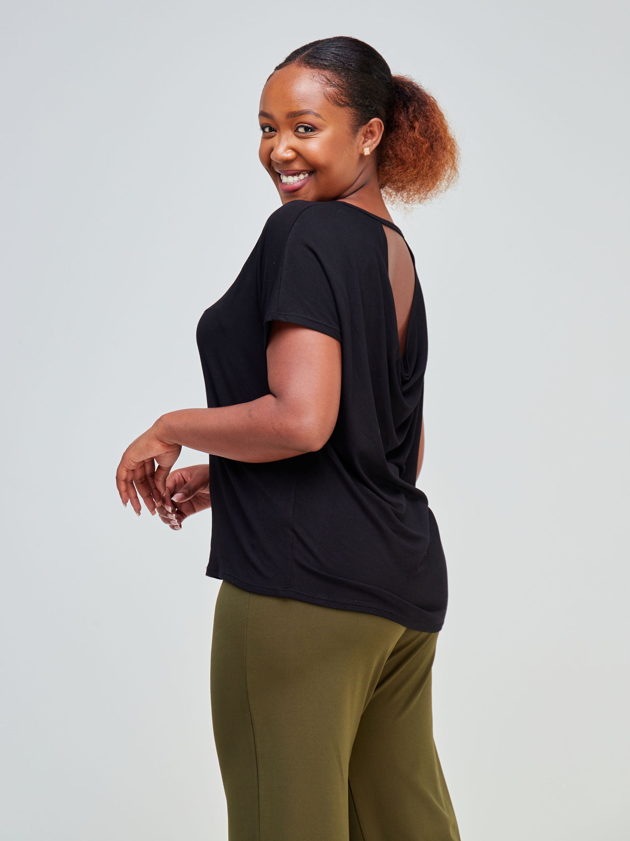 Vivo Bana Drop Shoulder Cowl Back Top - Black