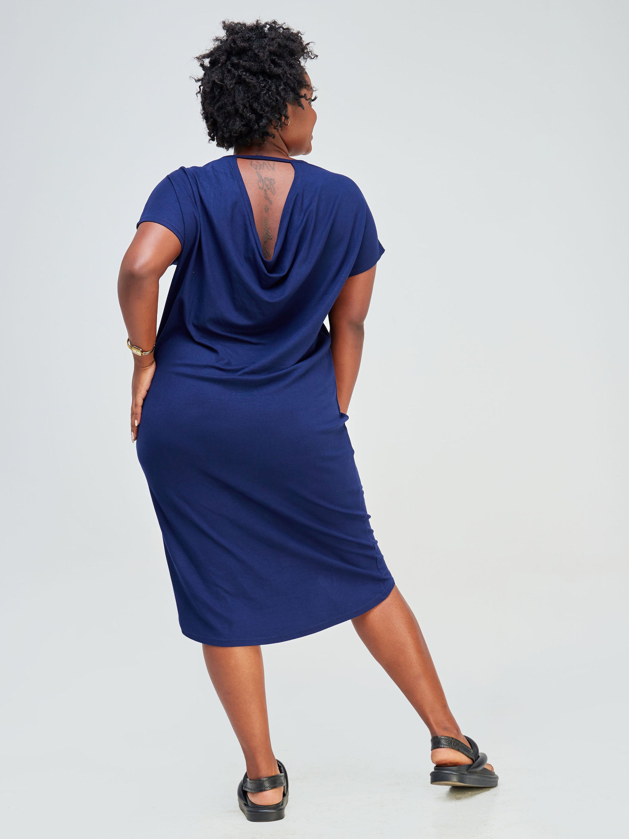 Vivo Bana Cowl Back Dolman Dress - Navy Blue