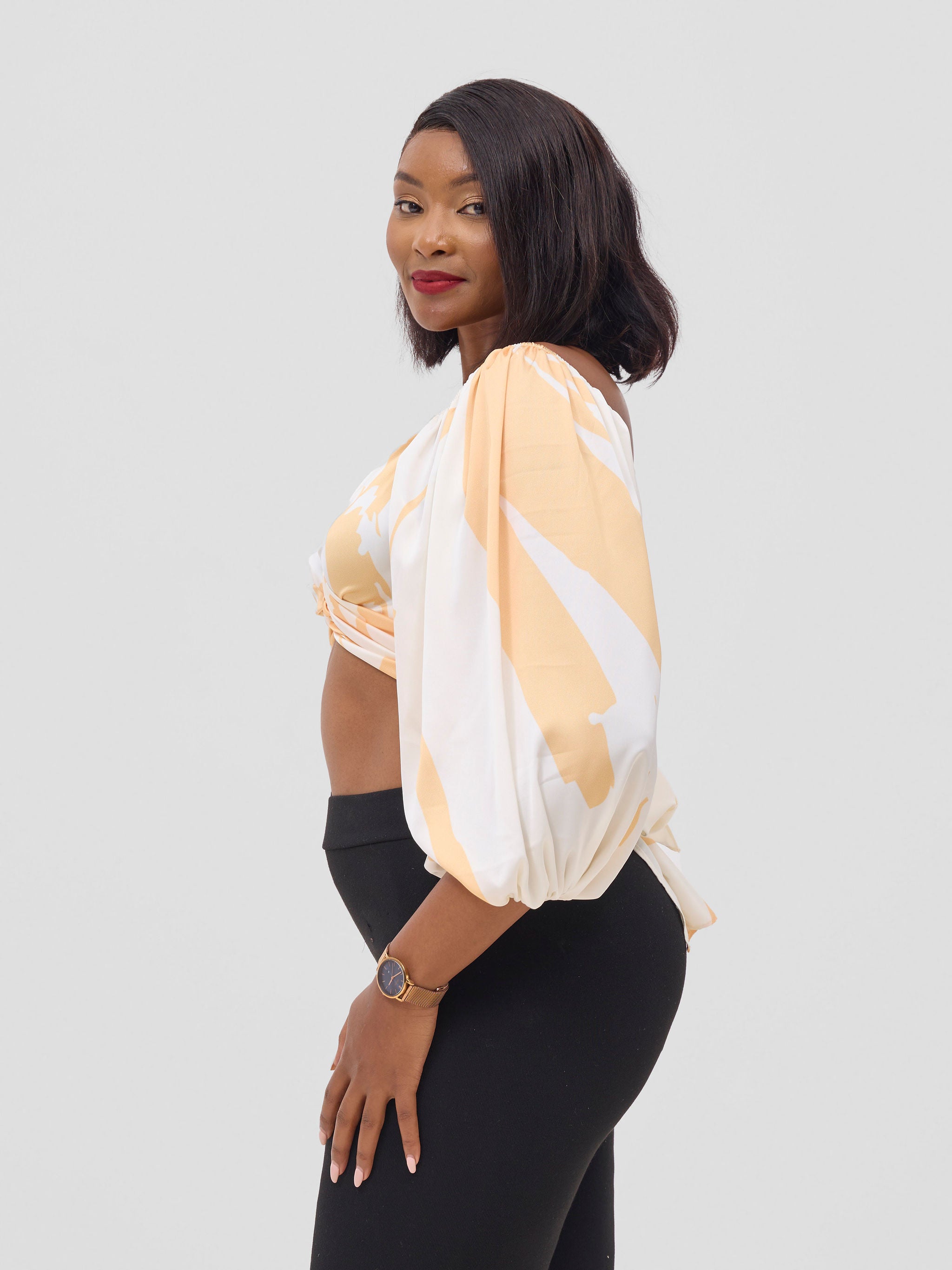 Vivo Beali Two Way Wrap Top - Cream / Gold Lea Print