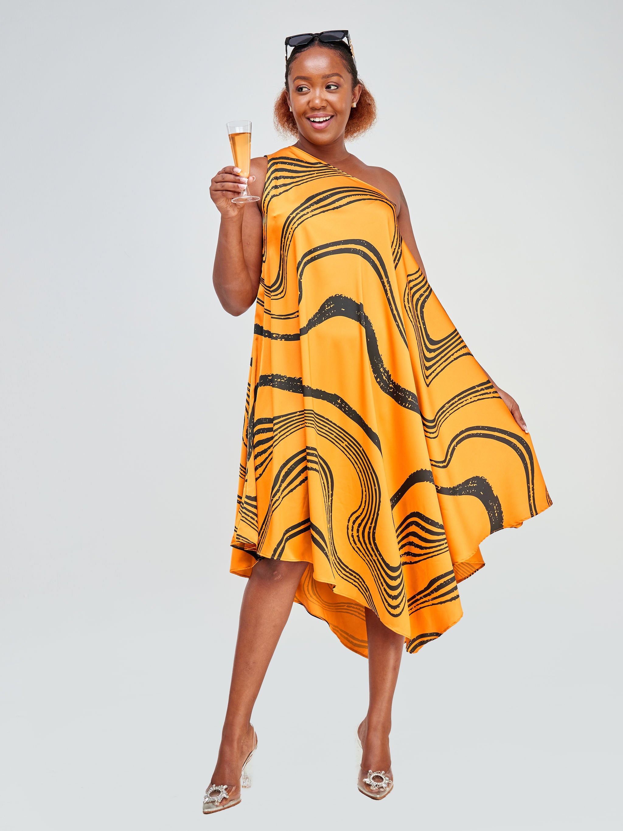 Vivo Asika One Shoulder Square Dress - Mustard / Black Abstract Print