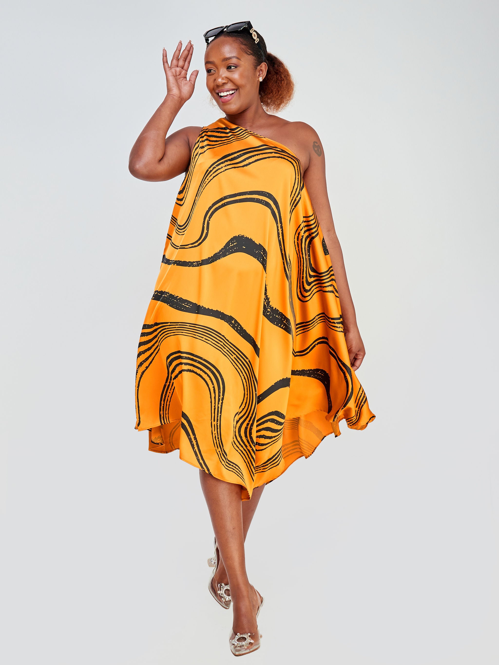 Vivo Asika One Shoulder Square Dress - Mustard / Black Abstract Print
