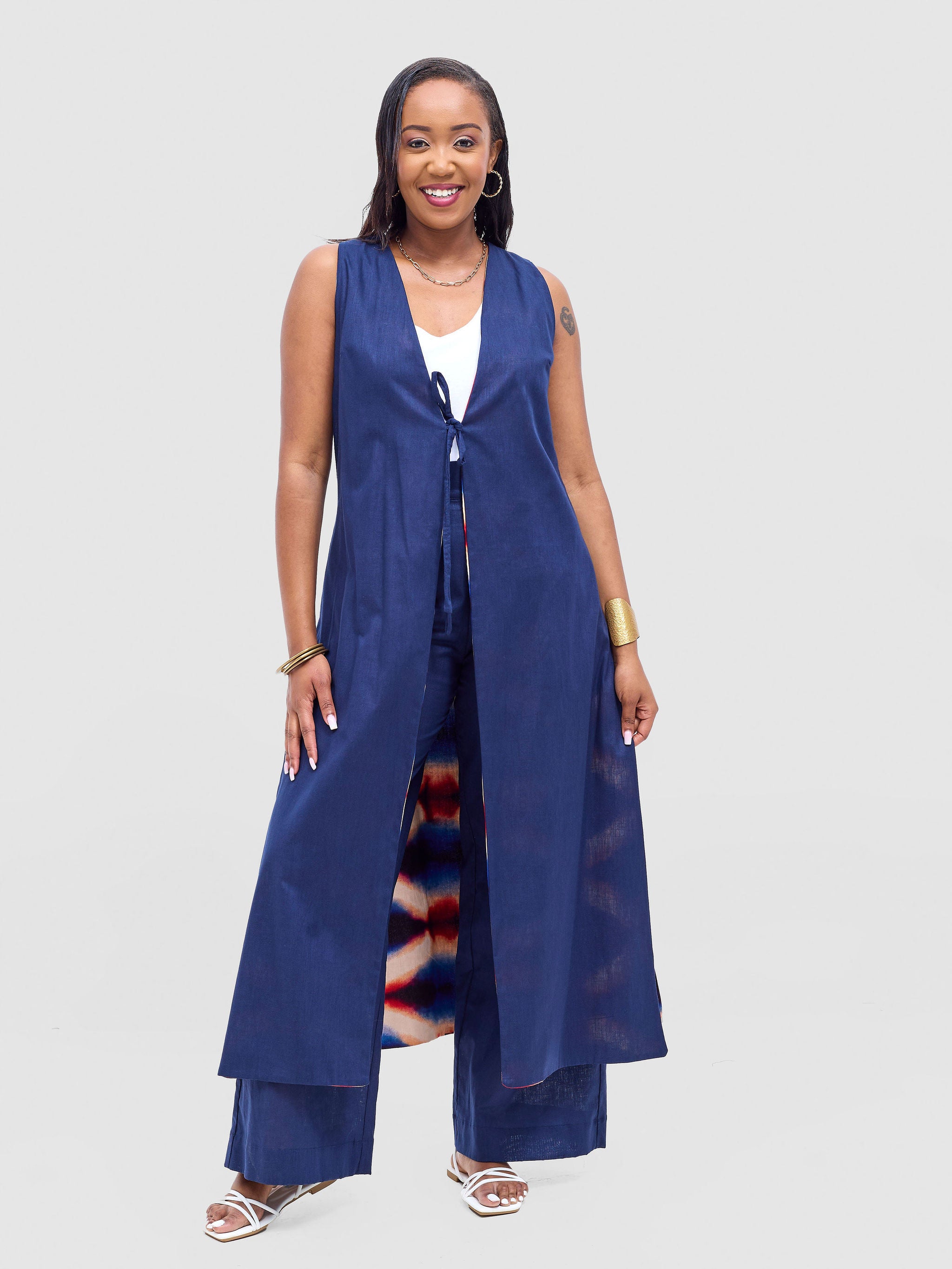Safari Tiwa Reversible Tie Kimono - Navy + Sefa Print