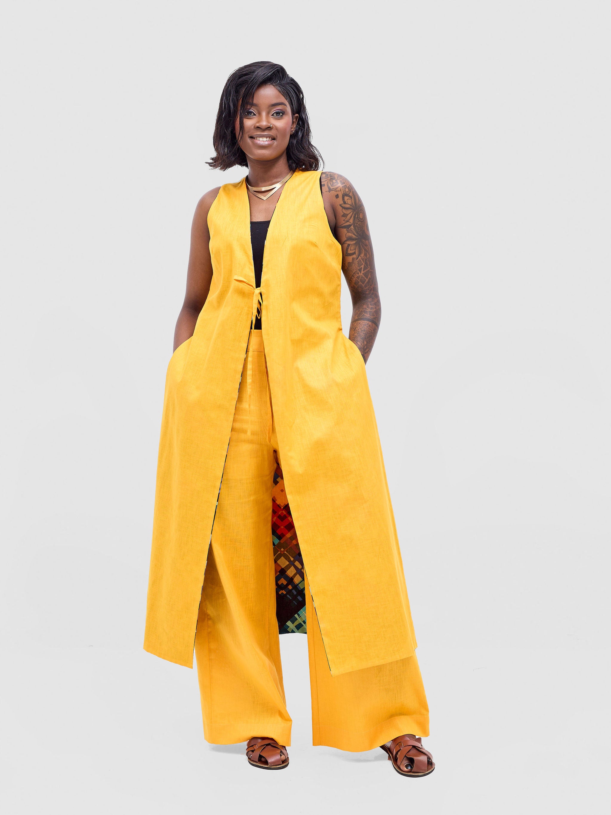 Safari Tiwa Reversible Tie Kimono - Mustard + Zuri Print
