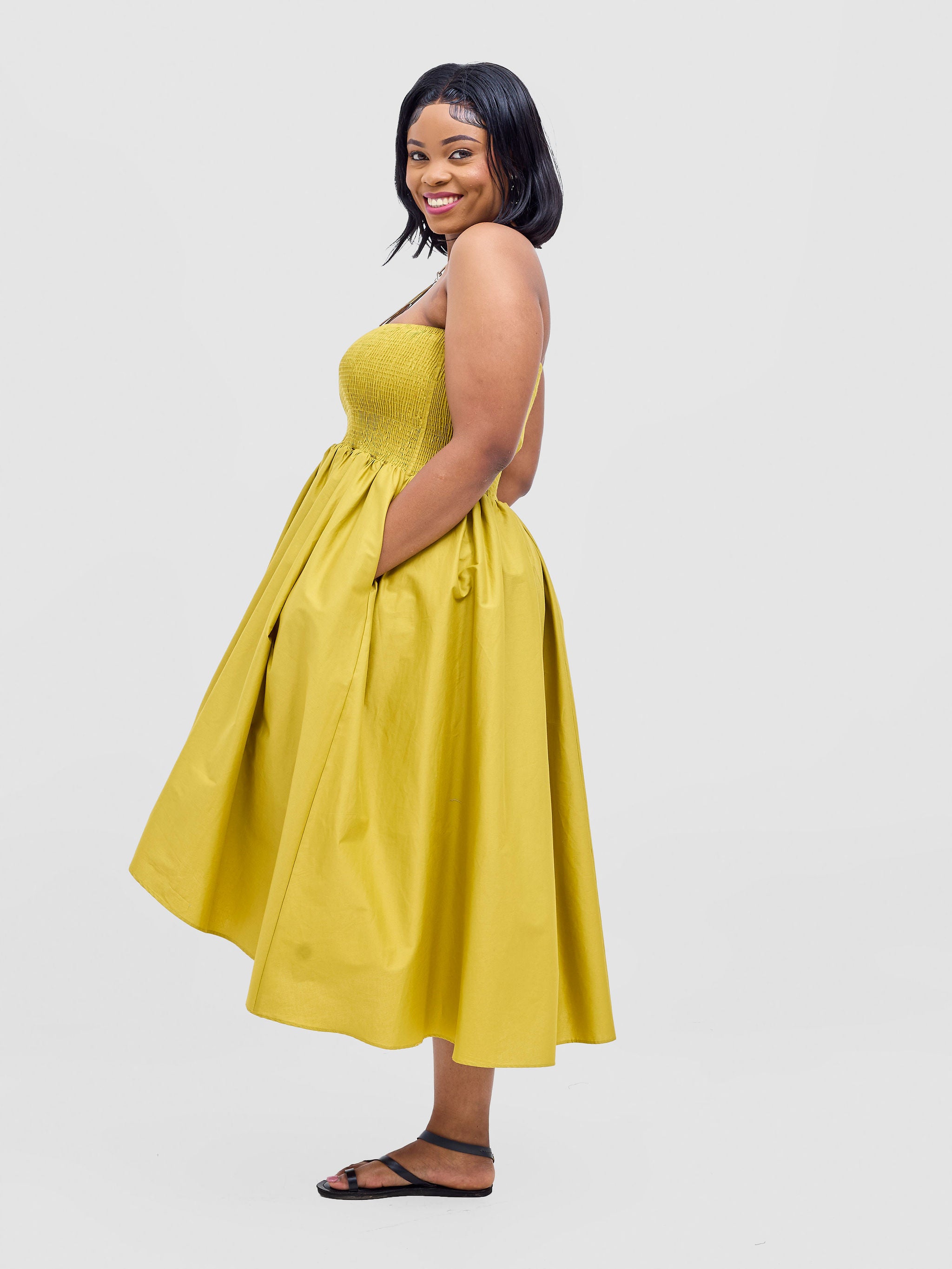 Safari Tiwa Shirred Midi Dress - Lime