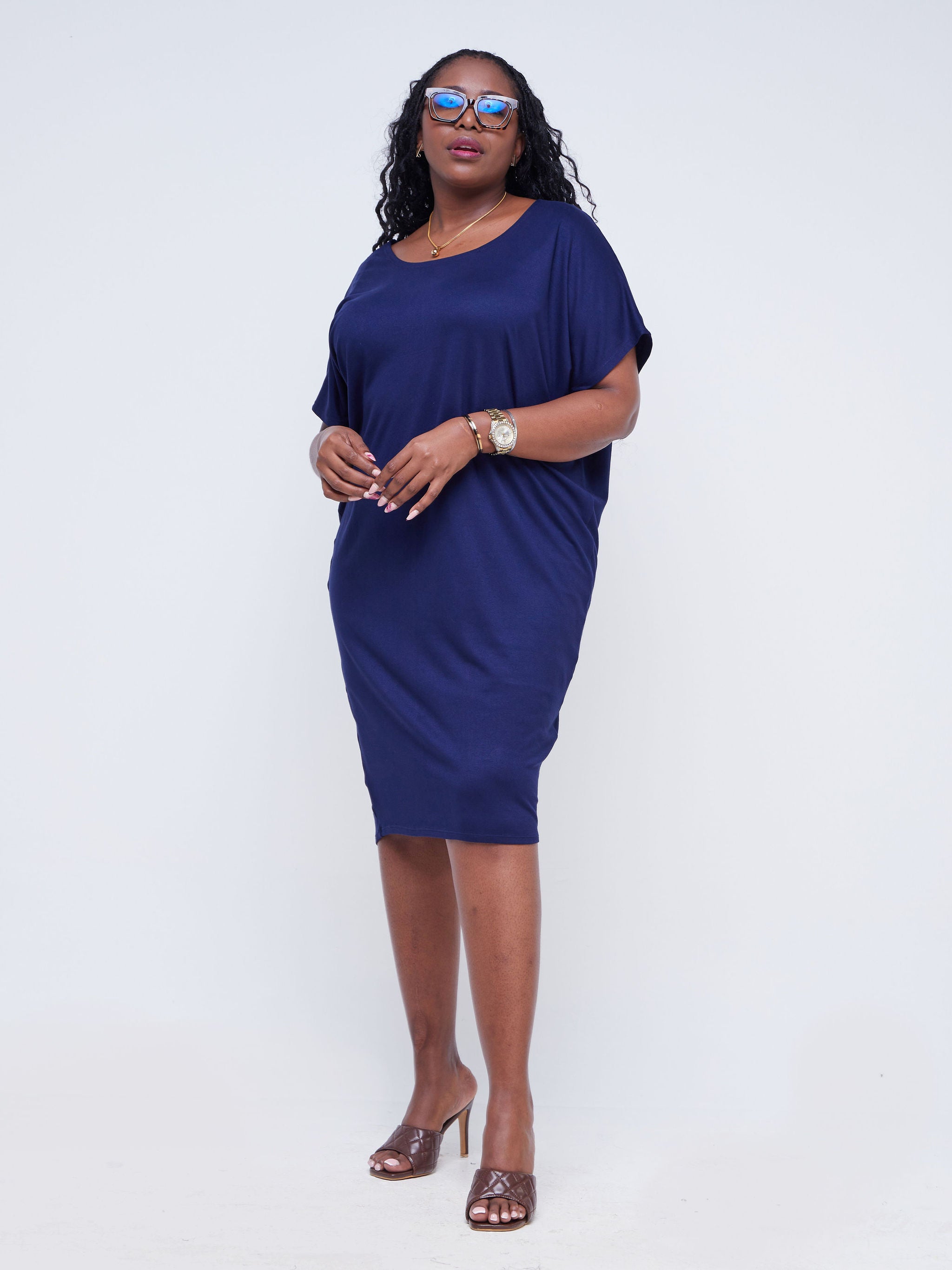 Vivo Basic Drop Shoulder Dolman Dress - Navy Blue