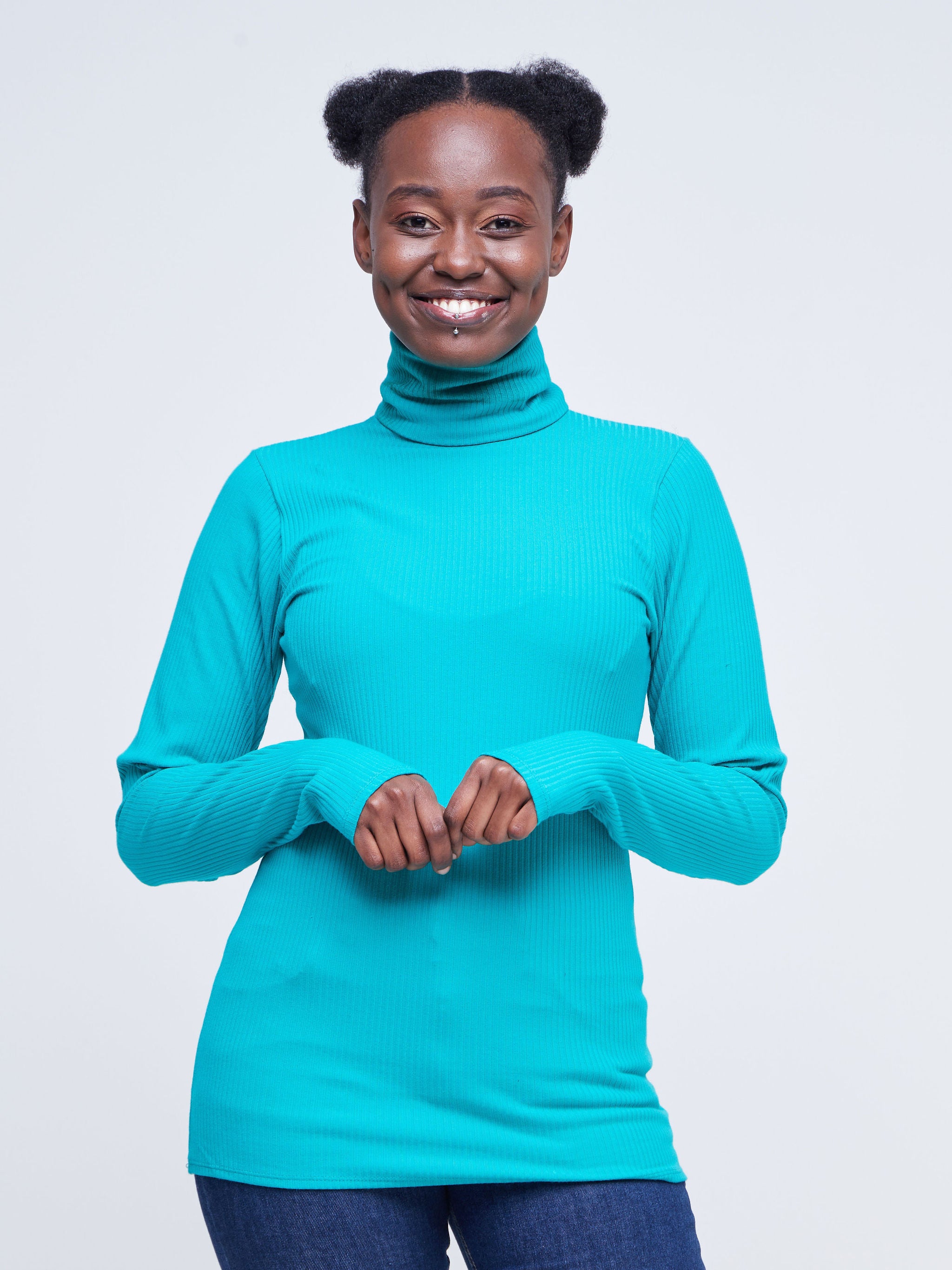 Vivo Basic Ribbed Turtleneck Top - Sea Green