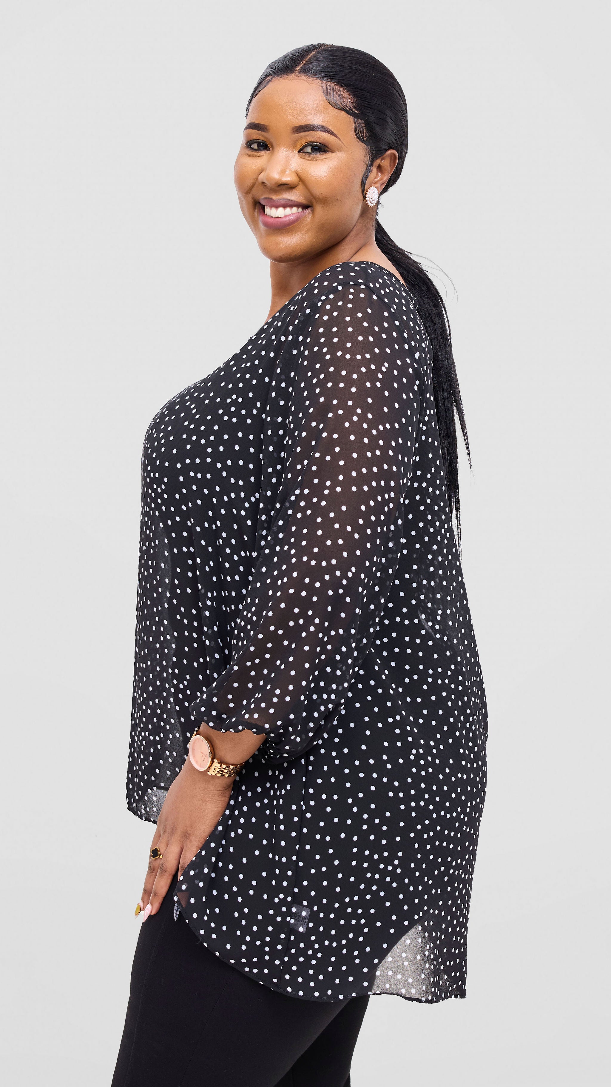 Vivo Samira High Low Top - Black / White Polka Dot Print