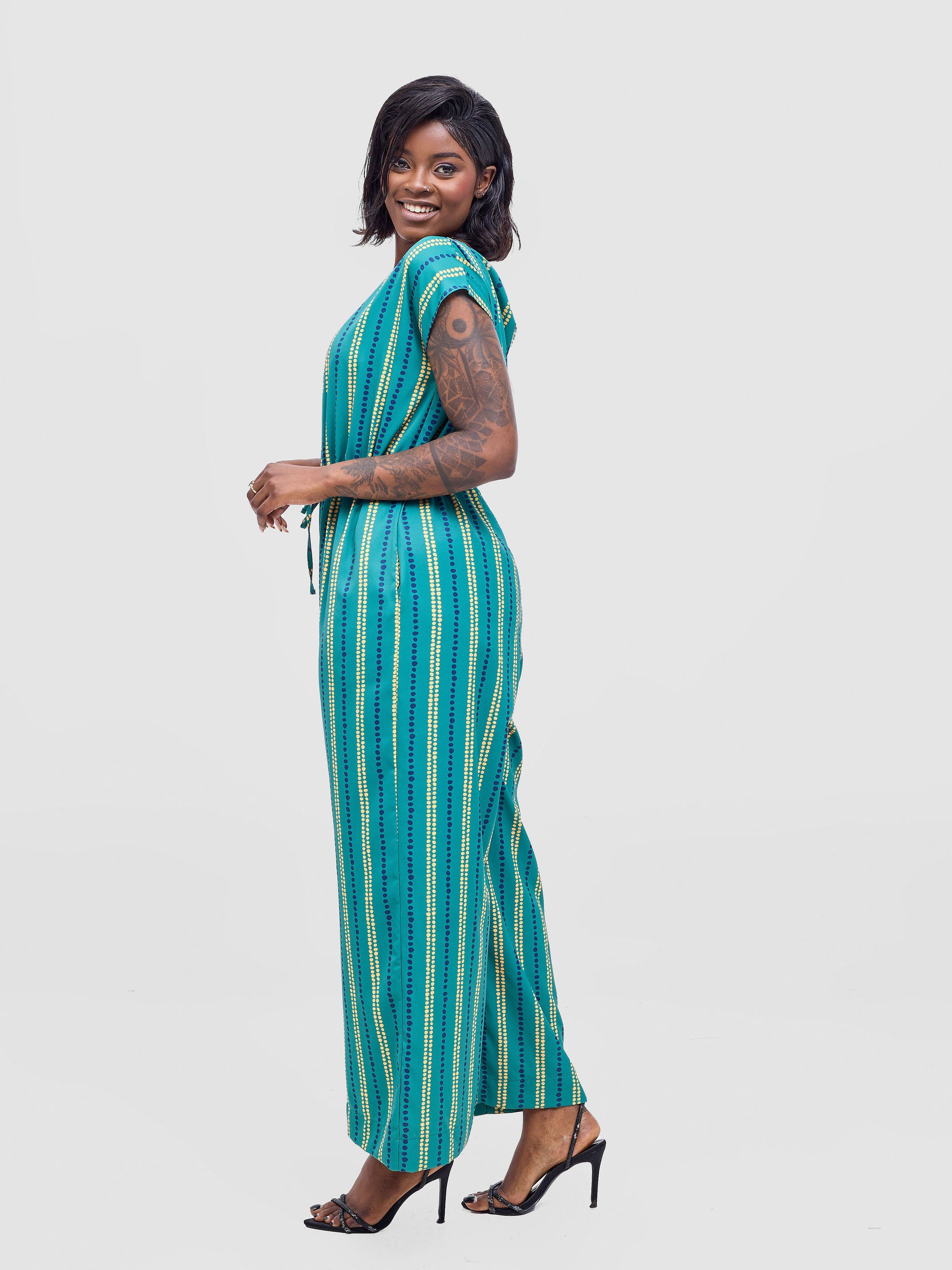Vivo Sakari Drop Shoulder Jumpsuit - Green / Navy Deka Print