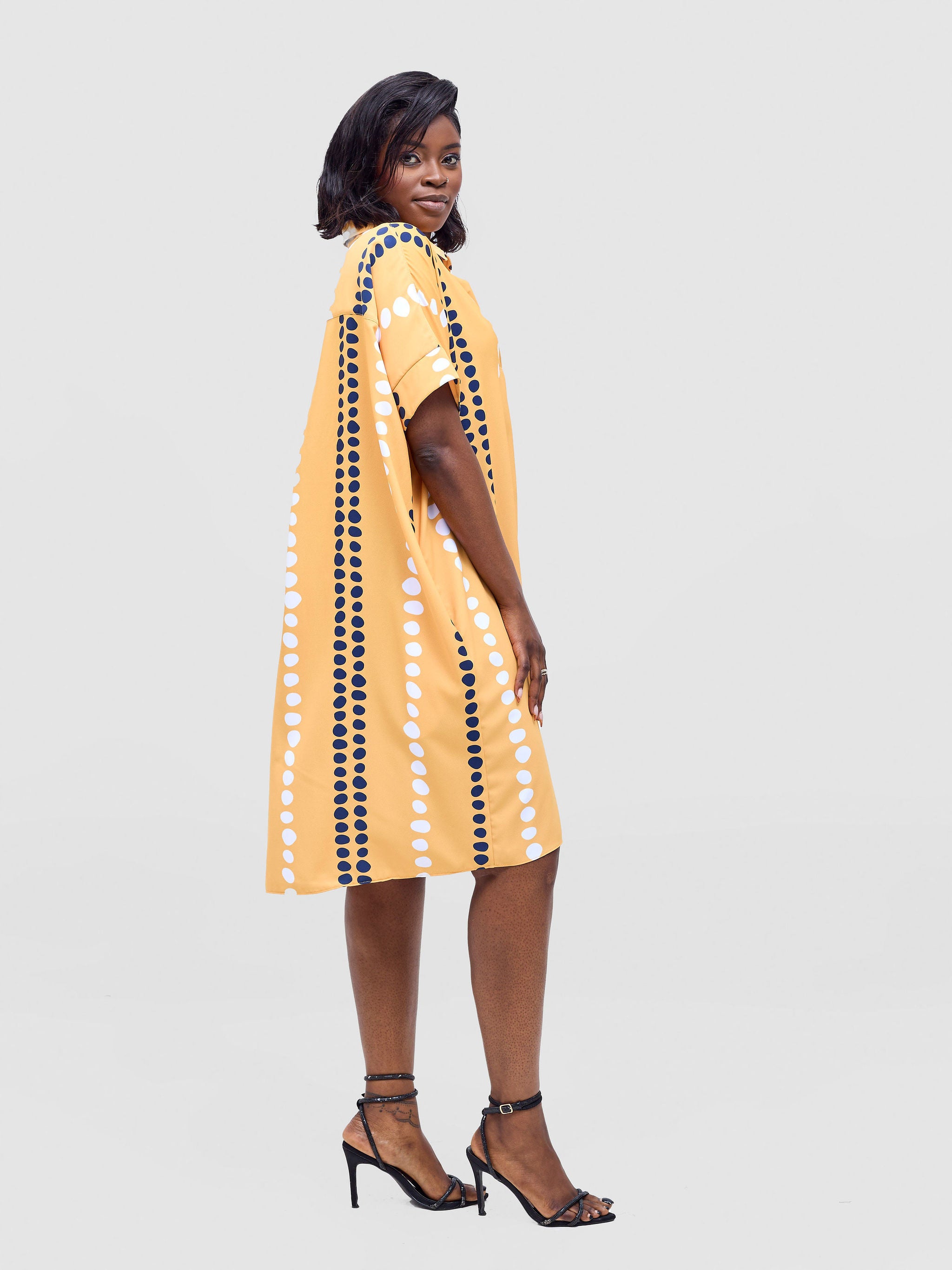 Vivo Reba Drop Shoulder Shirt Dress - Mustard / Navy Deka Print
