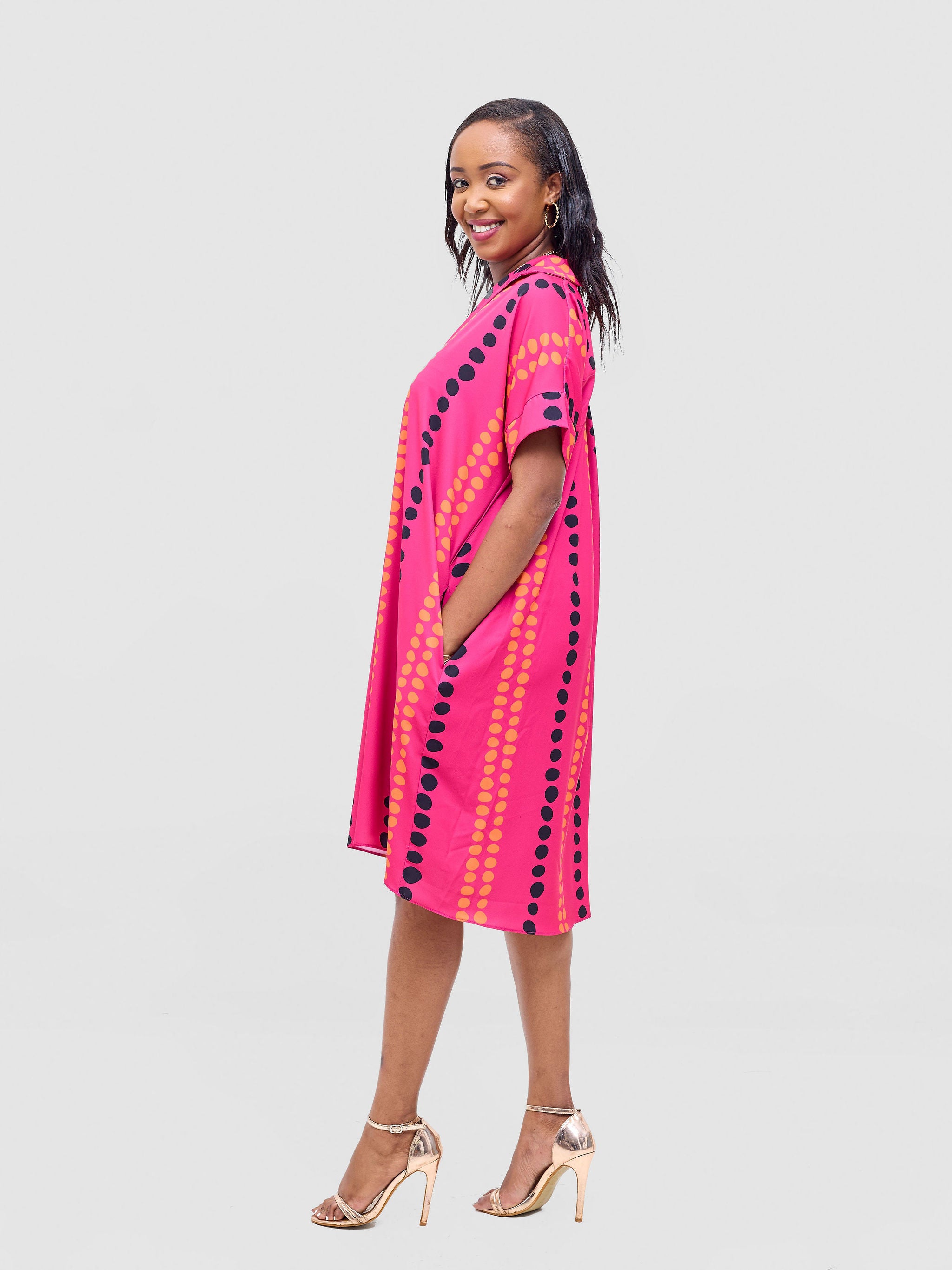 Vivo Reba Drop Shoulder Shirt Dress - Hot Pink / Black Deka Print