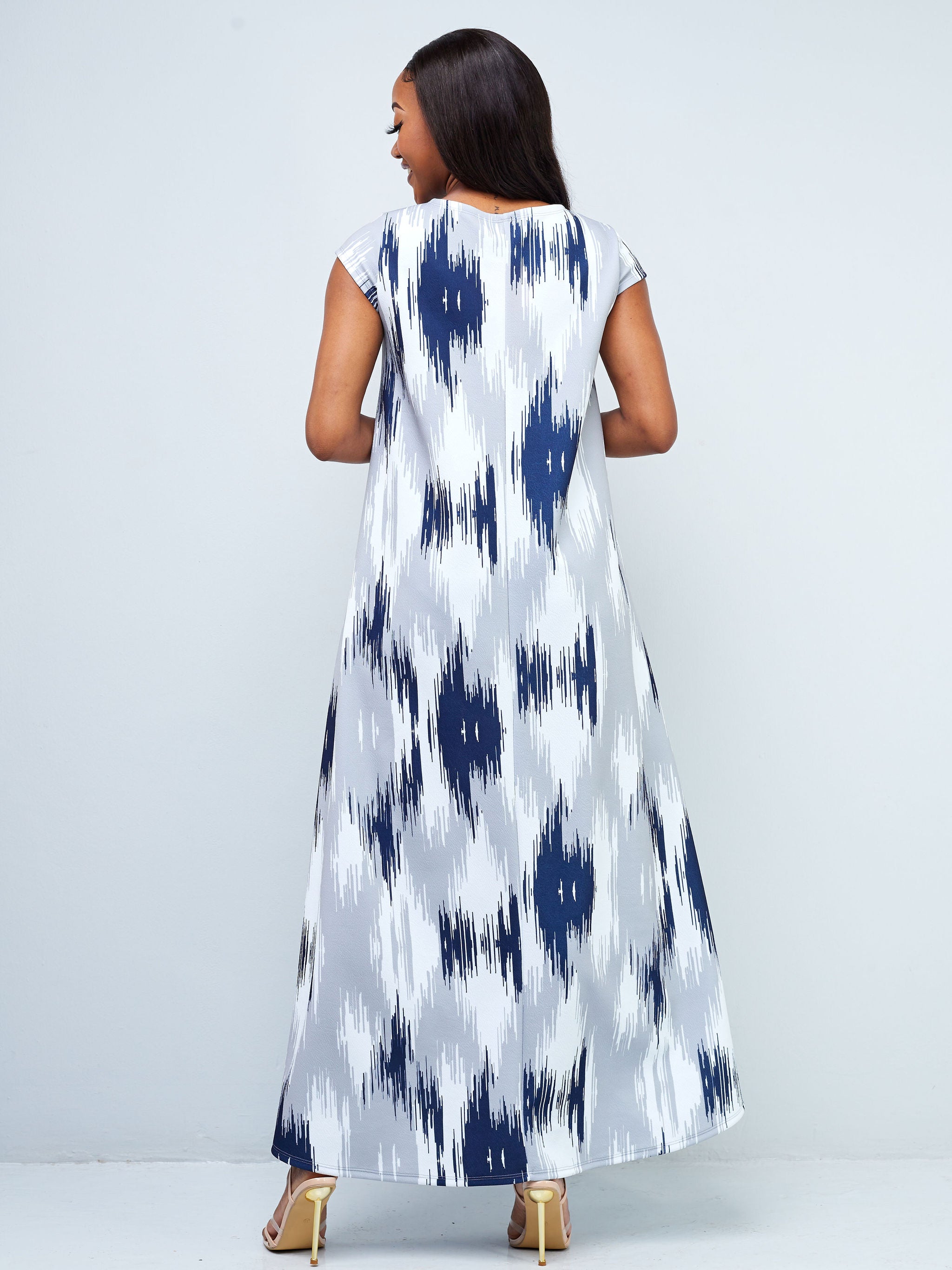 Vivo Hema Cap Sleeve Maxi Dress - Grey / Navy Abstract Print