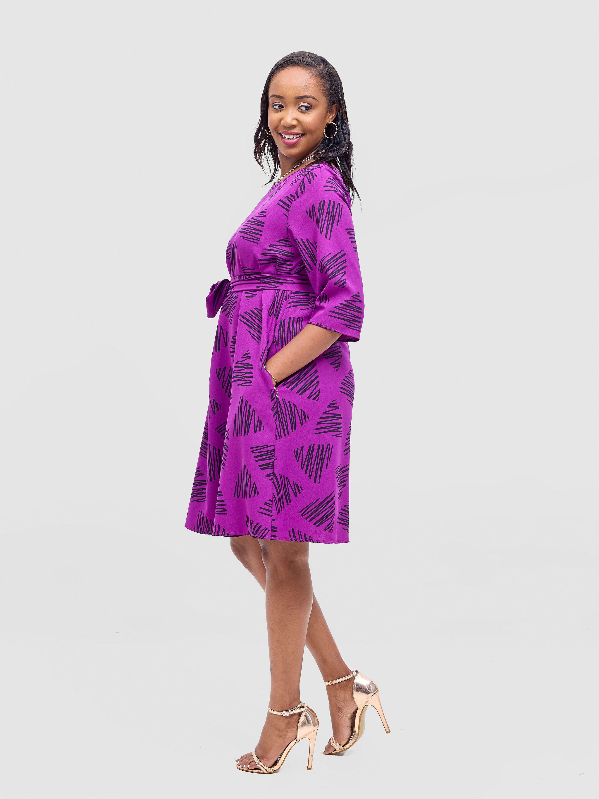 Vivo Laika 3/4 Sleeve Tent Dress - Purple / Black Tuni Print