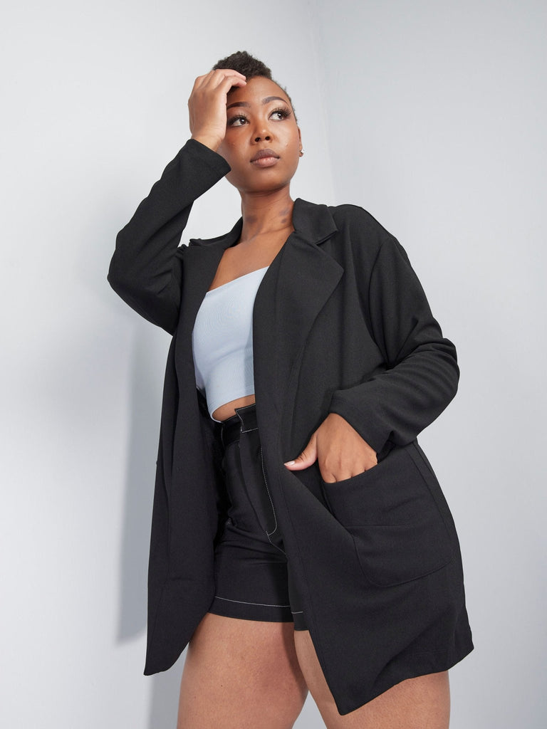 Popular 21 Oversized Blazer With Pockets - Black - Shopzetu