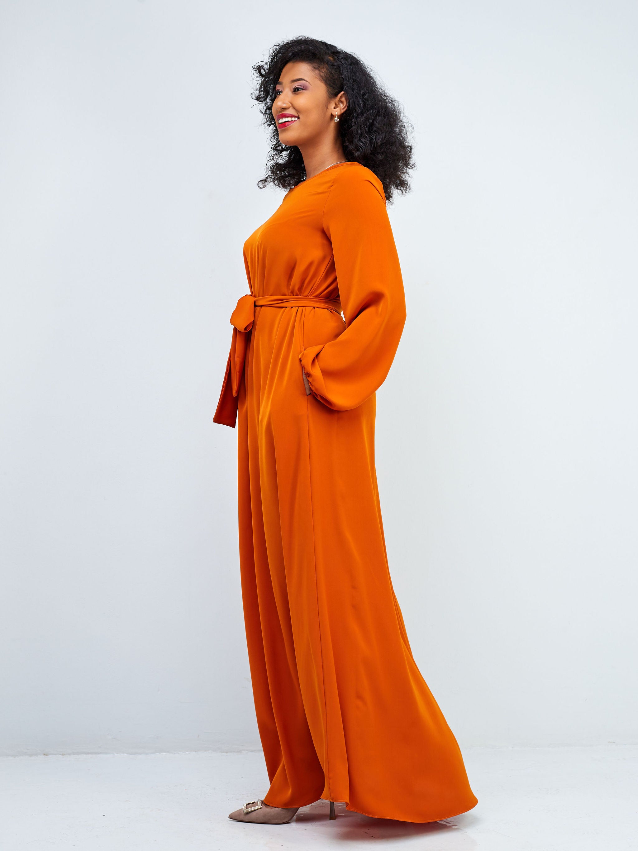 Vivo Basic Bishop Sleeve Tent Maxi Dress - Rust