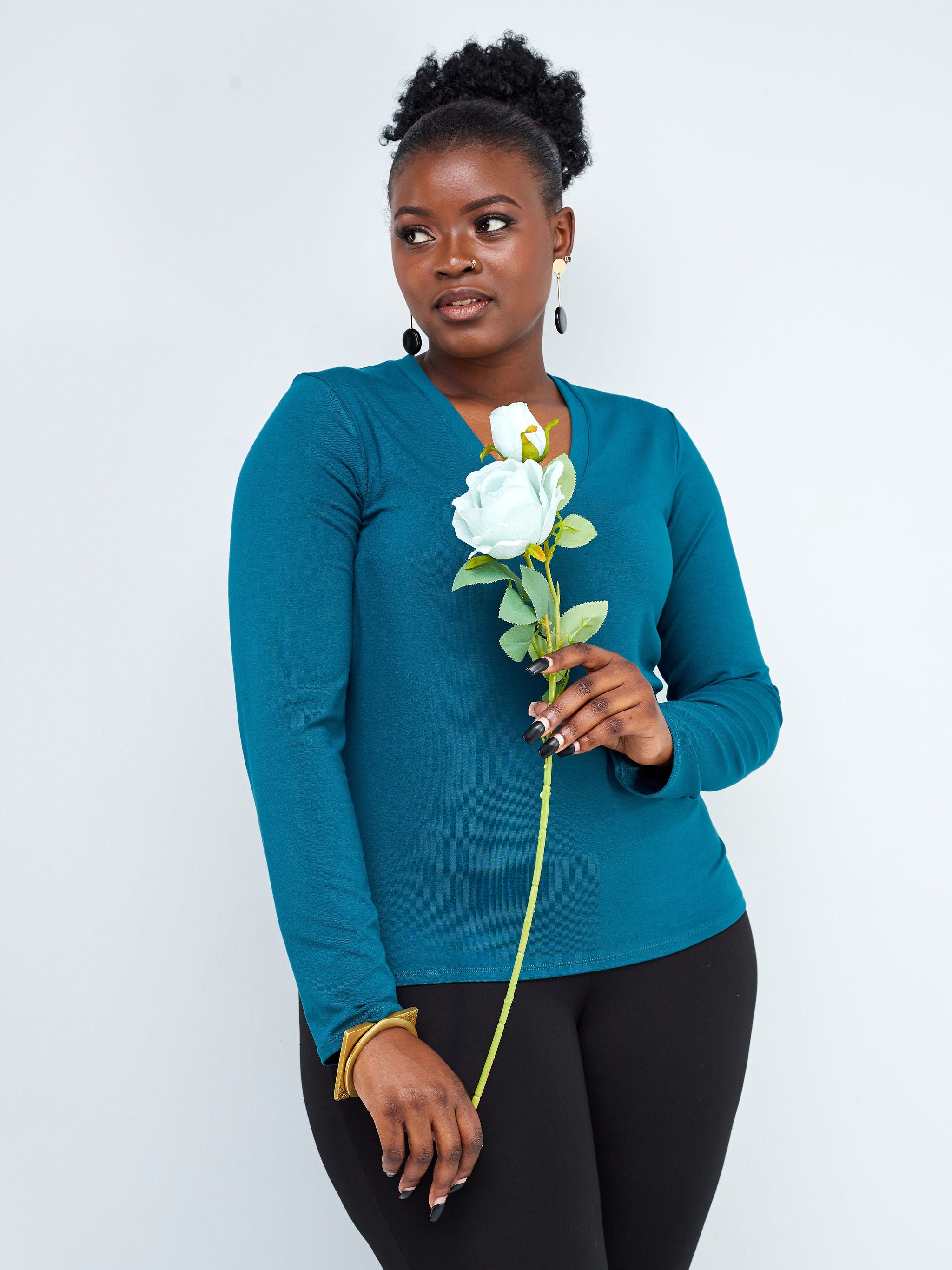 Vivo Basic V-Neck Long Sleeve Top - Teal