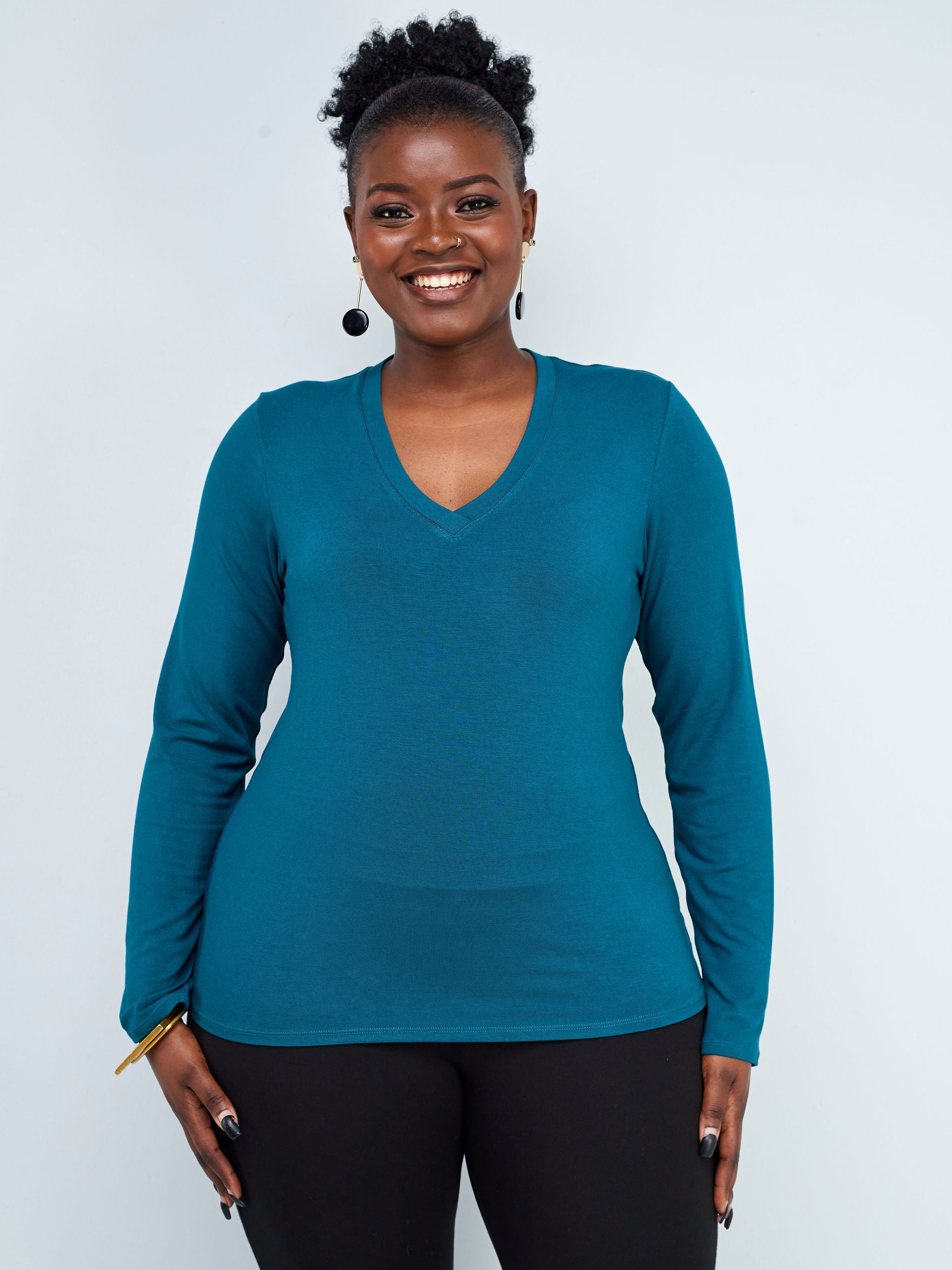 Vivo Basic V-Neck Long Sleeve Top - Teal