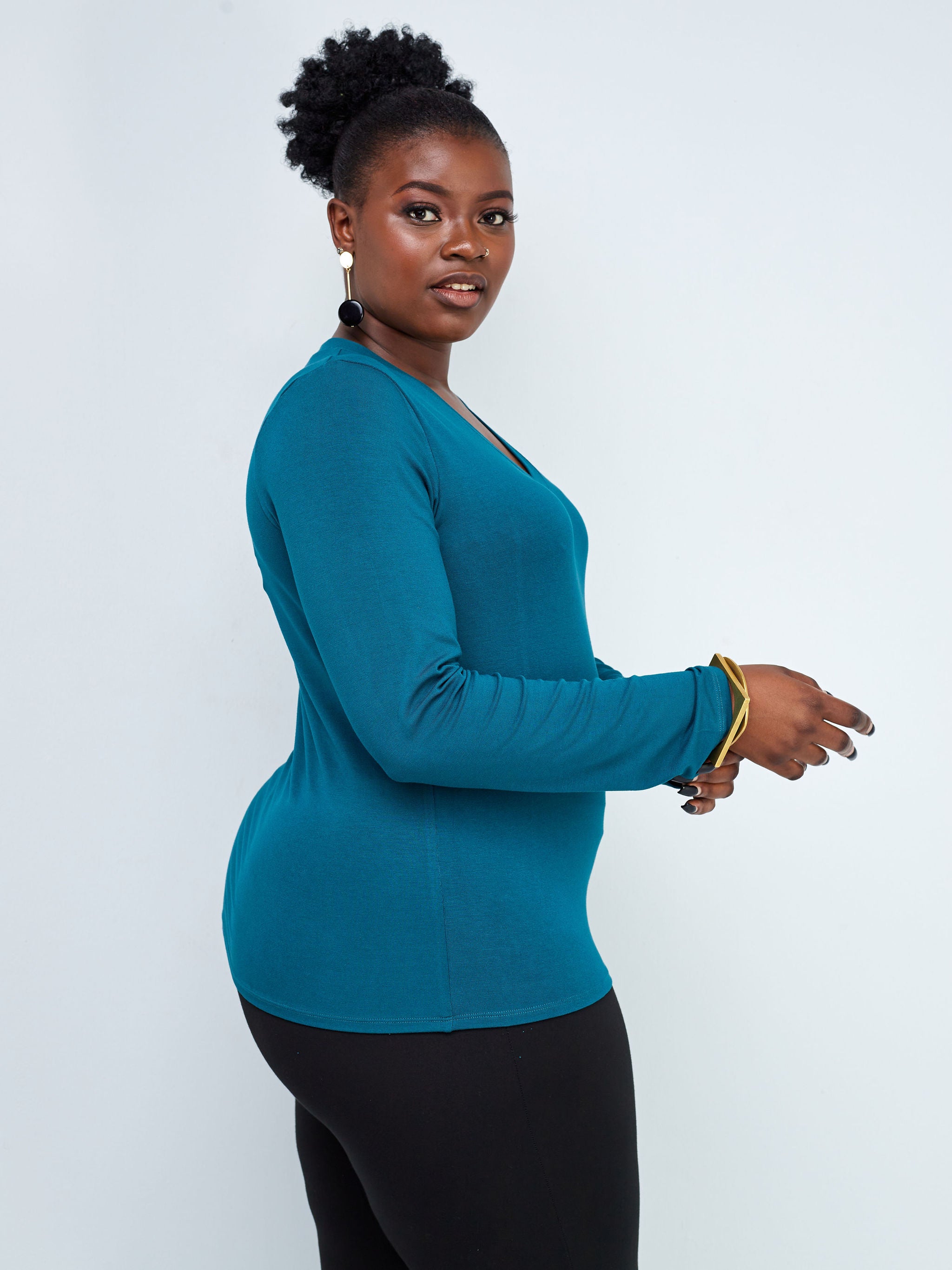 Vivo Basic V-Neck Long Sleeve Top - Teal