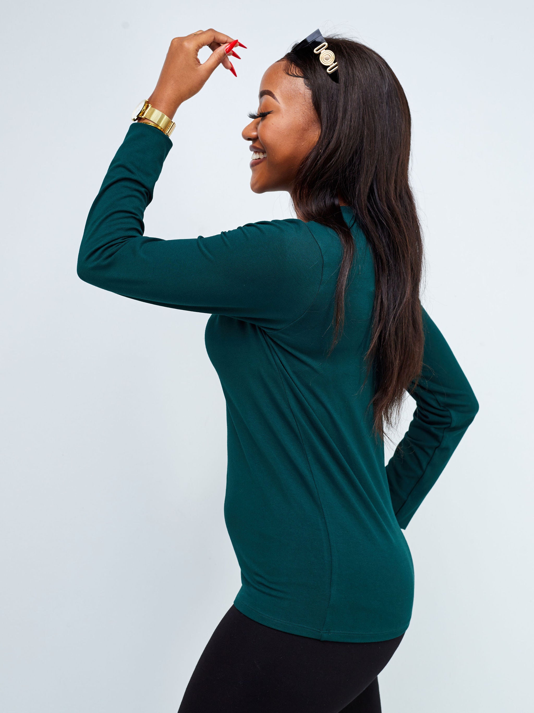 Vivo Basic V-Neck Long Sleeve Top - Dark Green