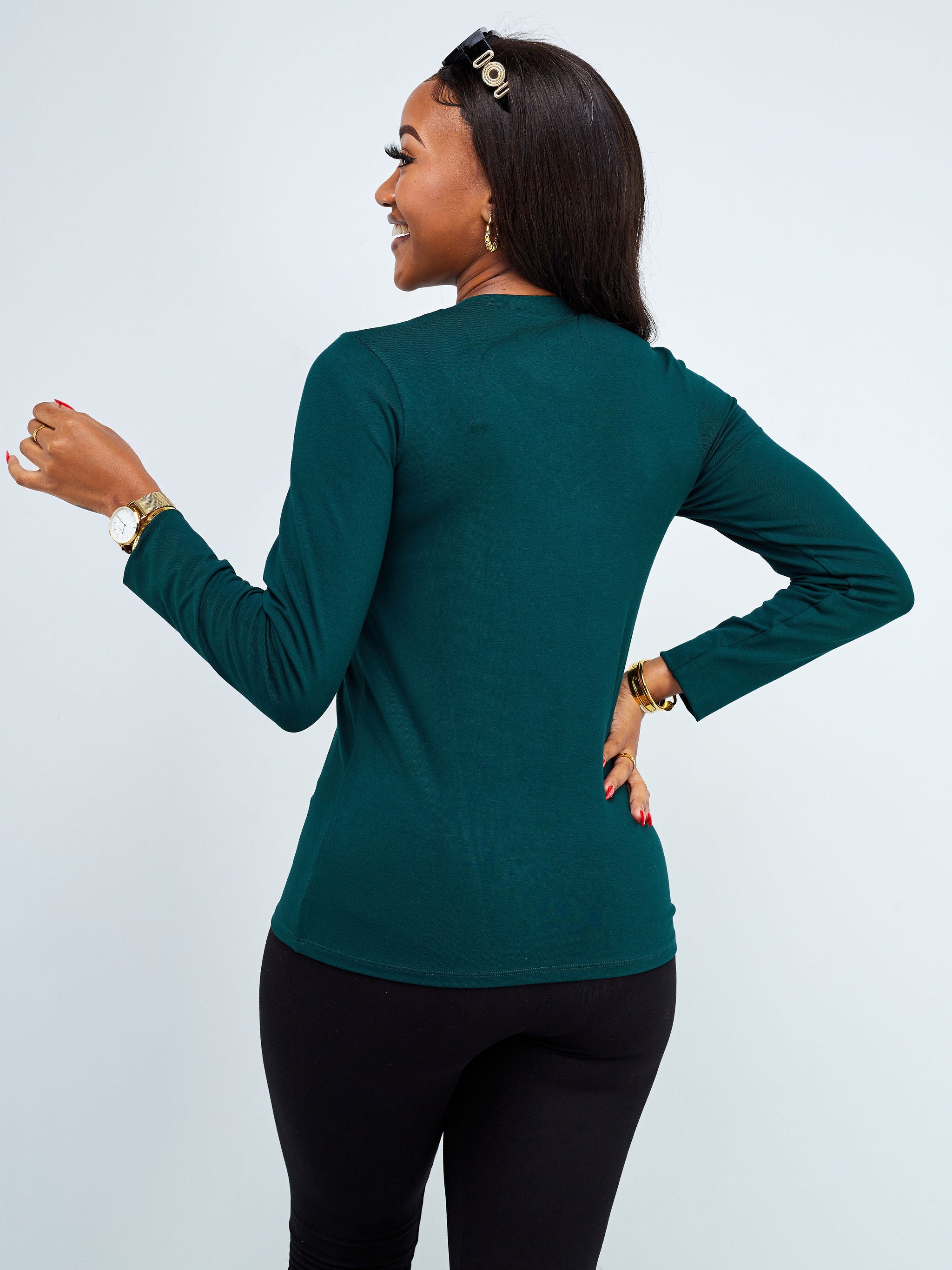 Vivo Basic V-Neck Long Sleeve Top - Dark Green