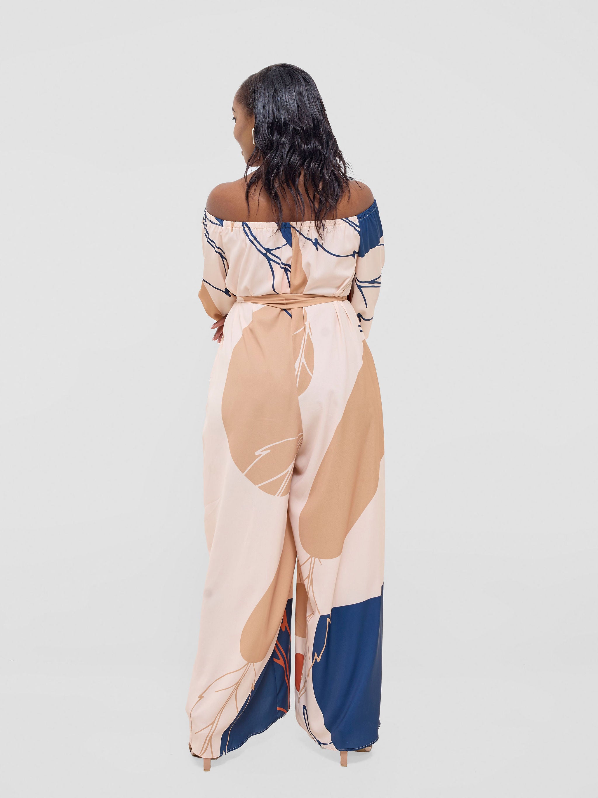 Vivo Zahari 3/4 Sleeve Off-Shoulder Jumpsuit - Orange / Teal Bali Print