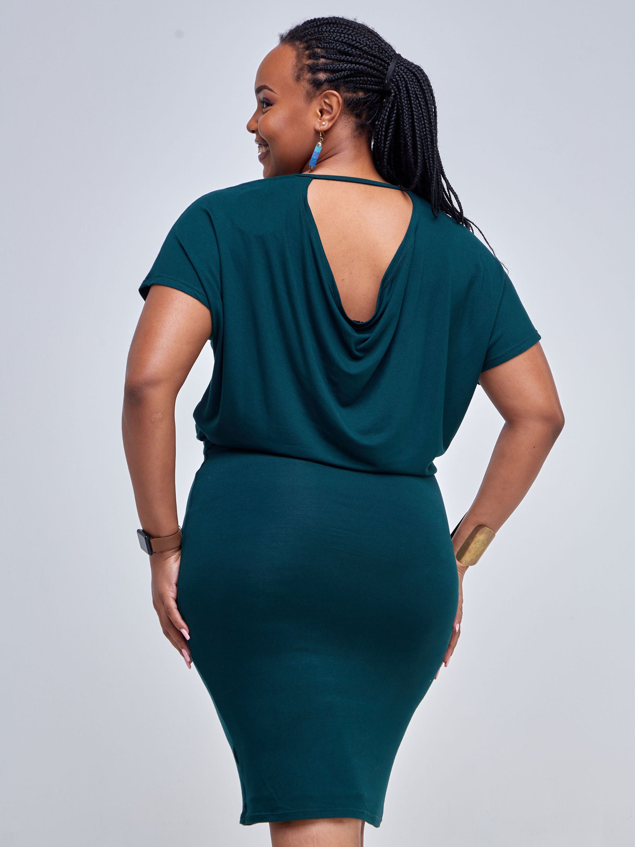 Vivo Bana Drop Shoulder Cowl Back Bodycon - Dark Green