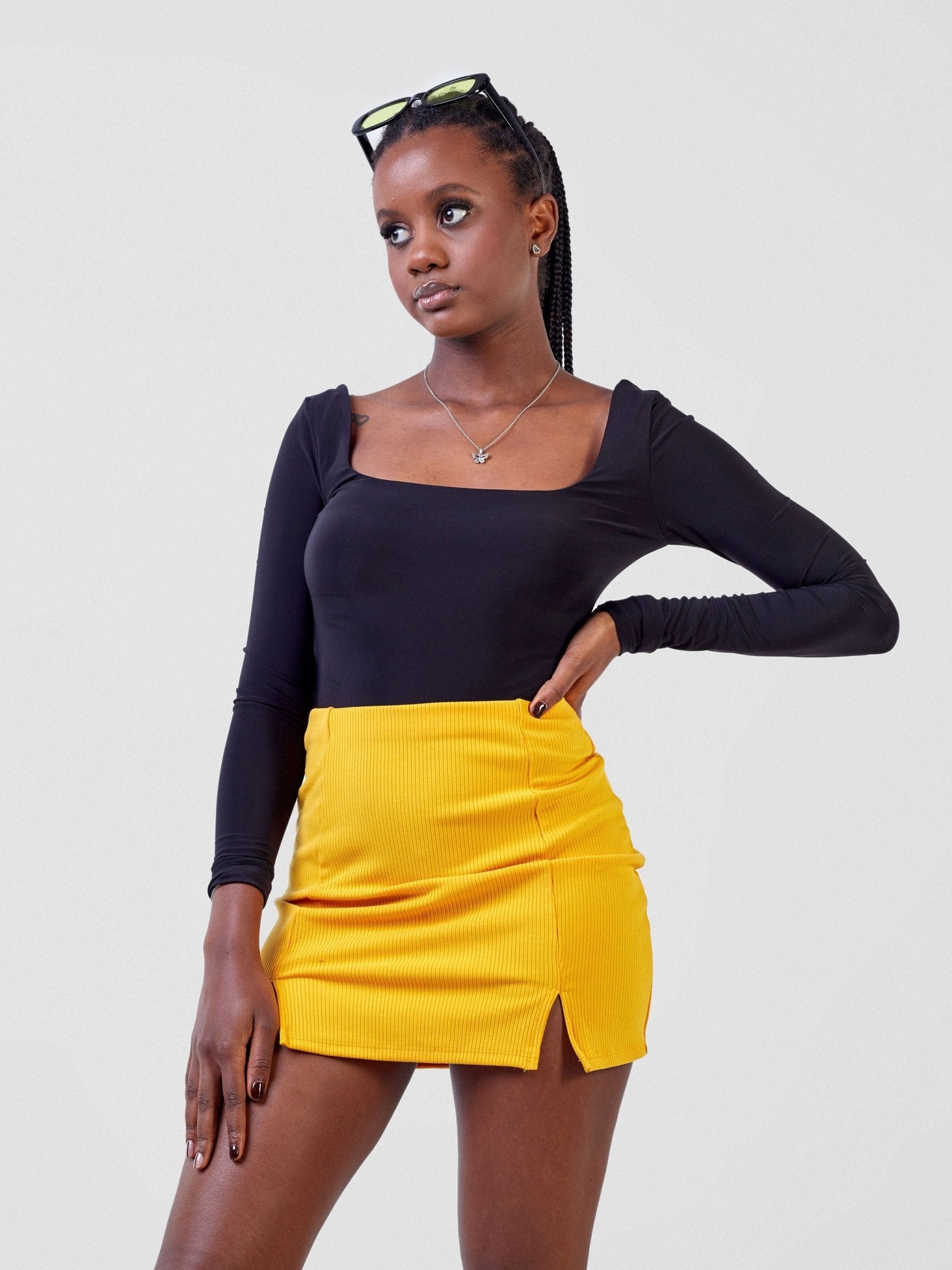 Carrie Wahu X SZ Double Slits A line Mini Skirt - Mustard - Shopzetu