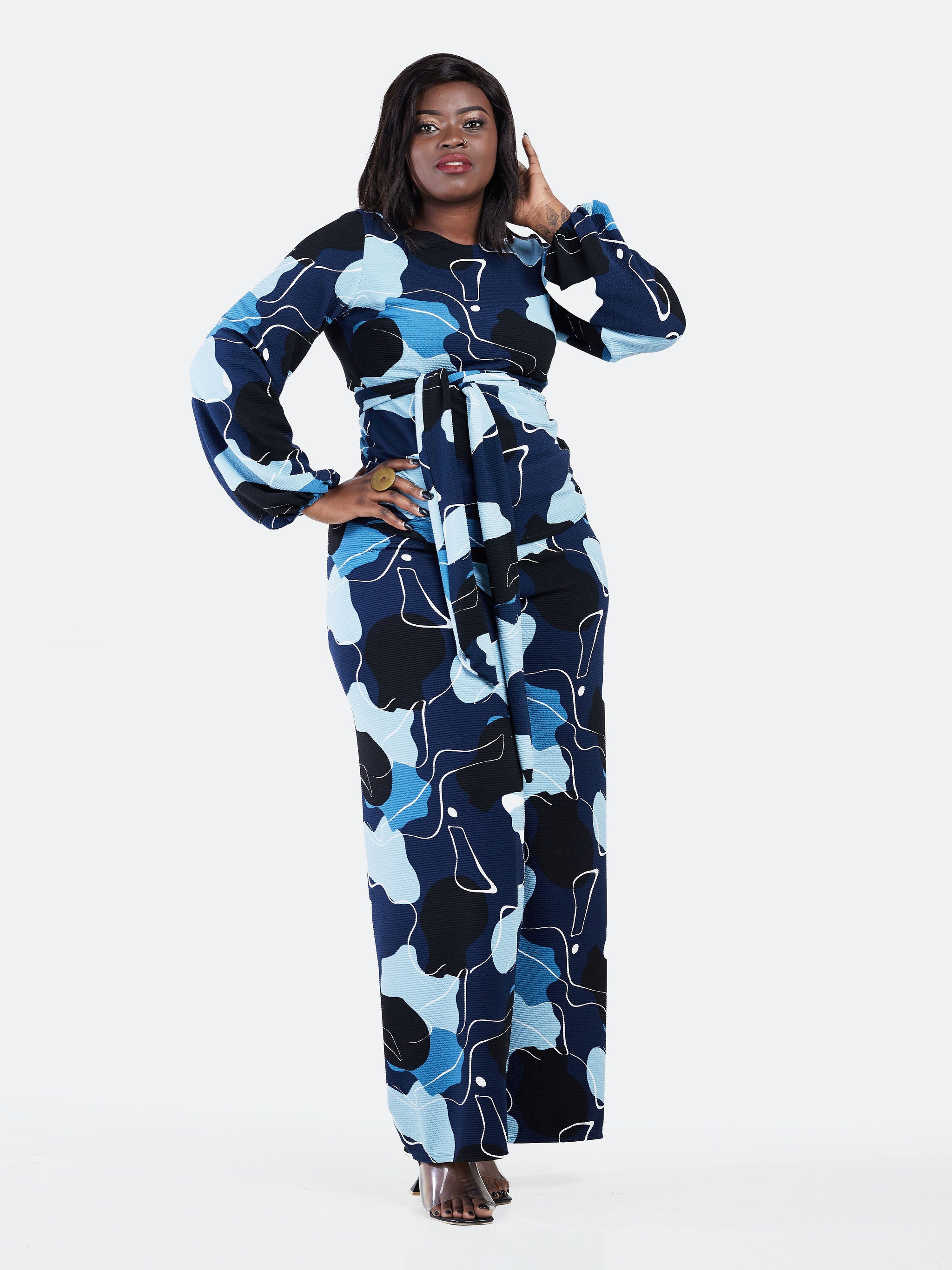 Vivo Basic Olivia Bishop Sleeve Top - Navy Blue / White Abstract Print