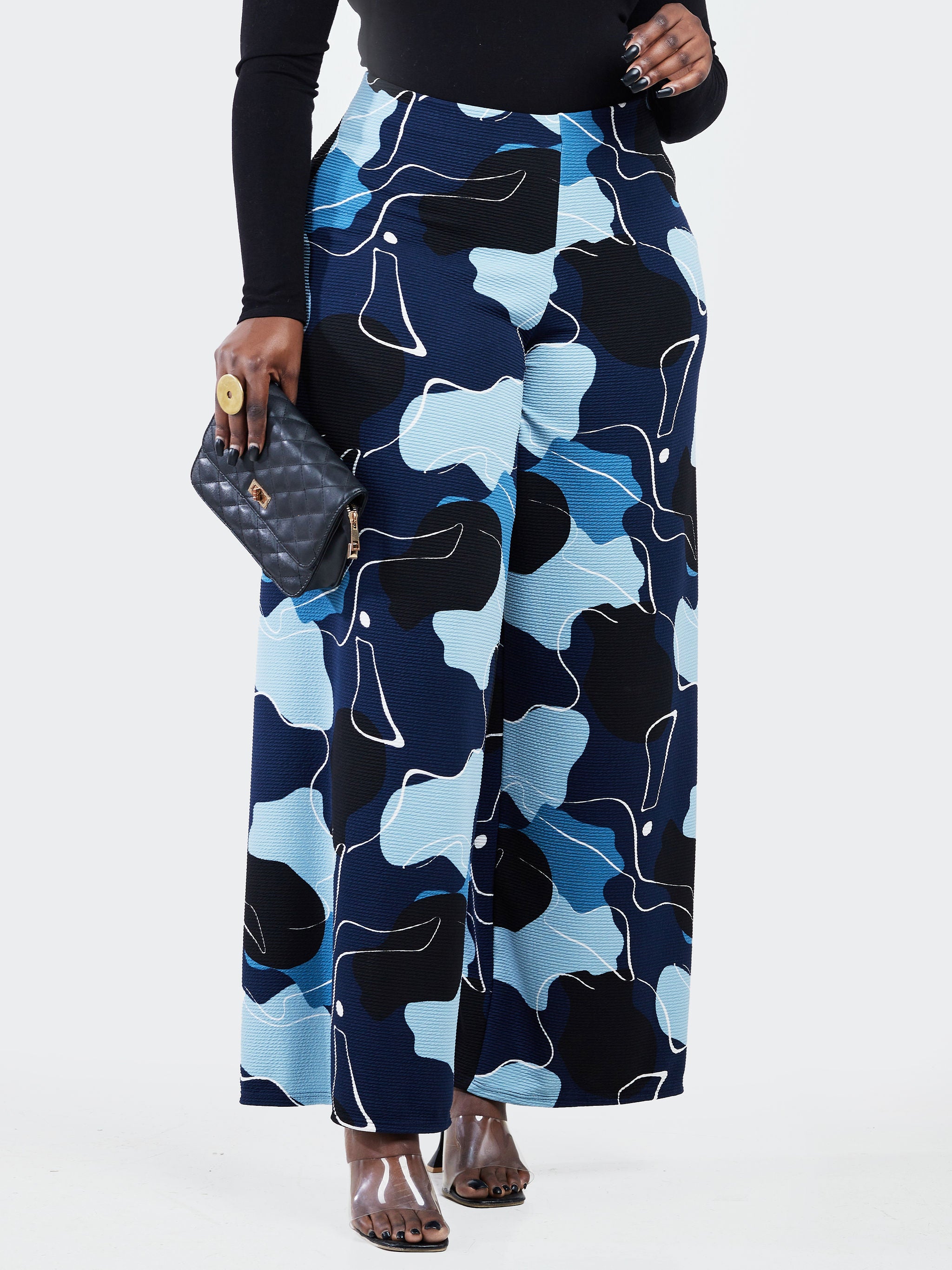 Vivo Basic Palazzo Pants  - Navy Blue / White Abstract Print