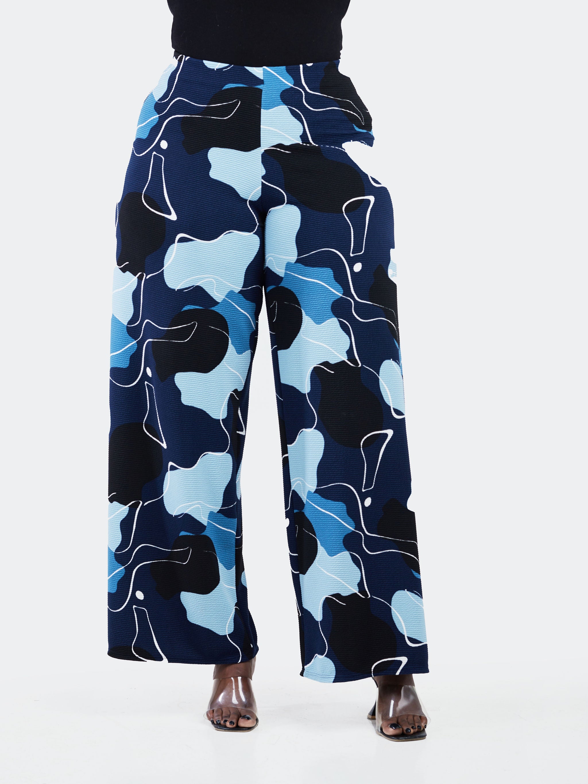 Vivo Basic Palazzo Pants  - Navy Blue / White Abstract Print