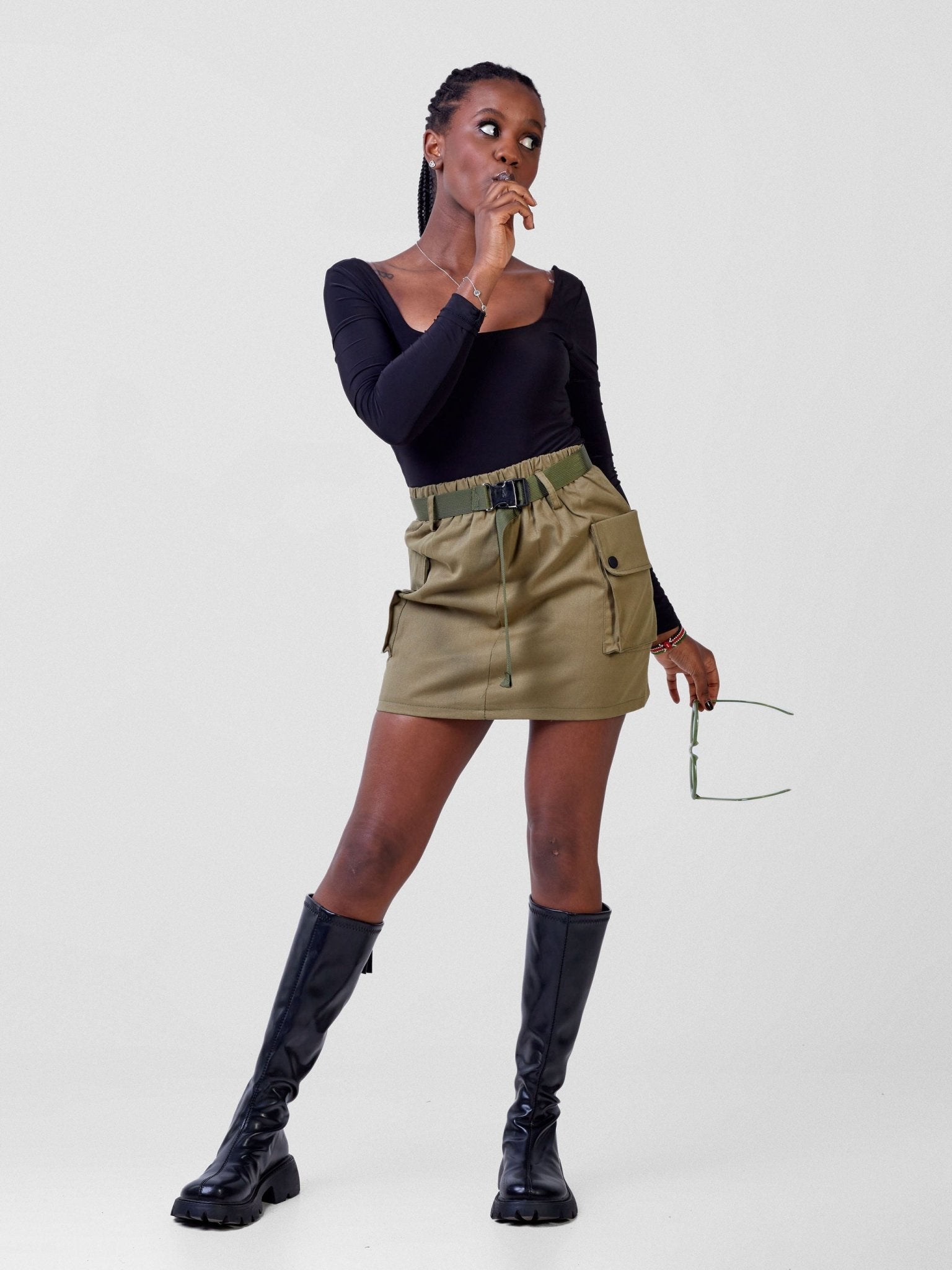 Carrie Wahu X SZ Vintage Highwaisted Large Pockets Cargo Mini Skirt - Green - Shopzetu