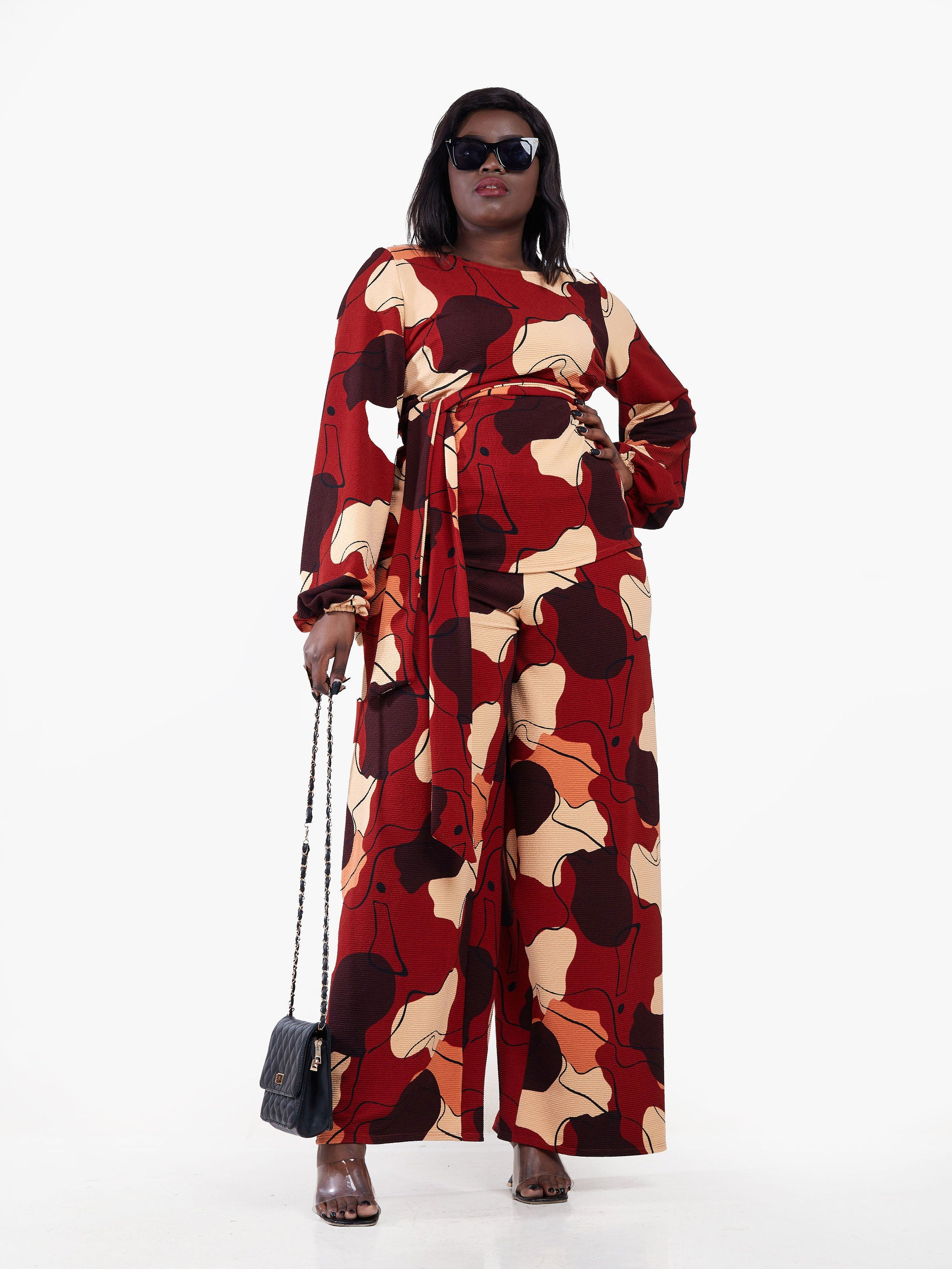 Vivo Basic Olivia Bishop Sleeve Top - Rust / Brown Abstract Print