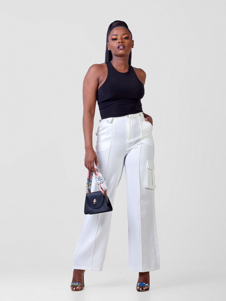 Carrie Wahu X SZ Fabiana Wide Leg Cargo Trousers - White - Shopzetu