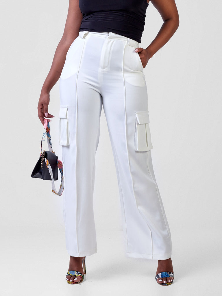 Carrie Wahu X SZ Fabiana Wide Leg Cargo Trousers - White - Shopzetu