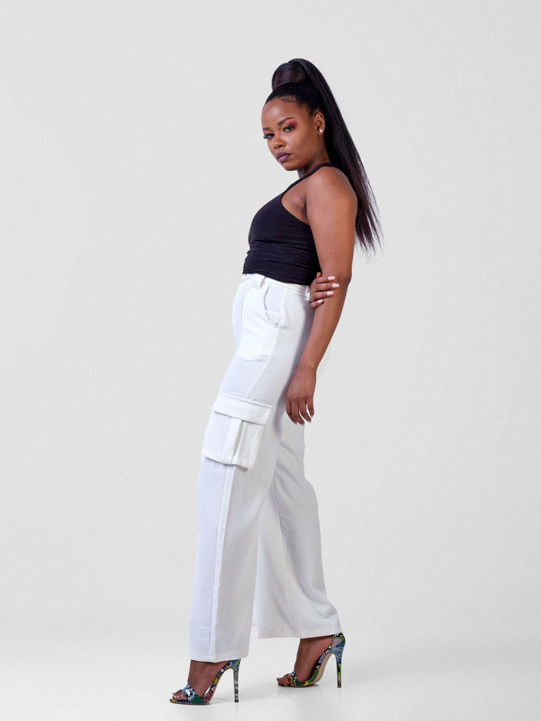 Carrie Wahu X SZ Fabiana Wide Leg Cargo Trousers - White - Shopzetu