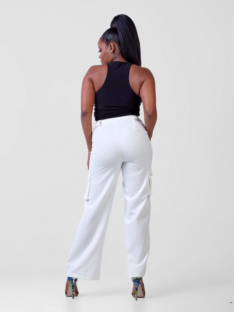 Carrie Wahu X SZ Fabiana Wide Leg Cargo Trousers - White - Shopzetu