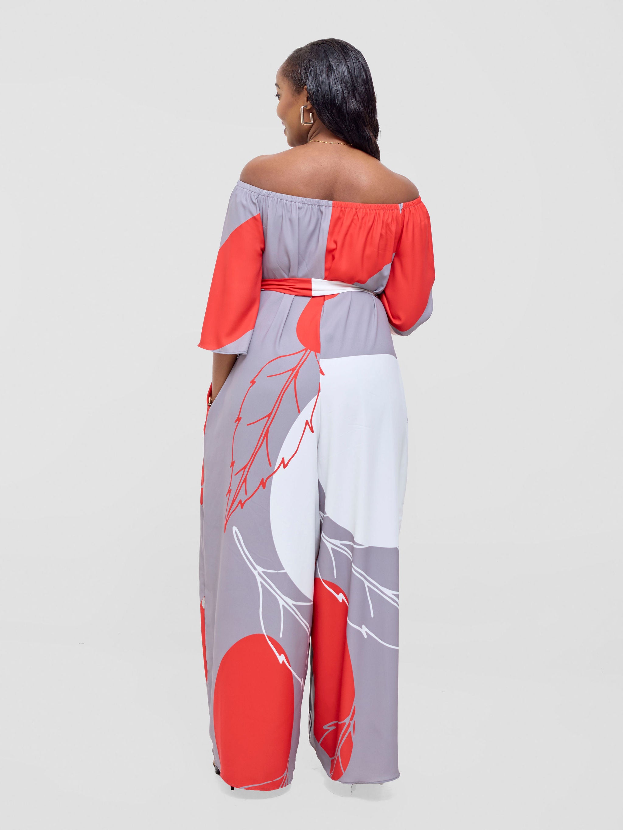 Vivo Zahari 3/4 Sleeve Off-Shoulder Jumpsuit - Grey / Red Bali Print