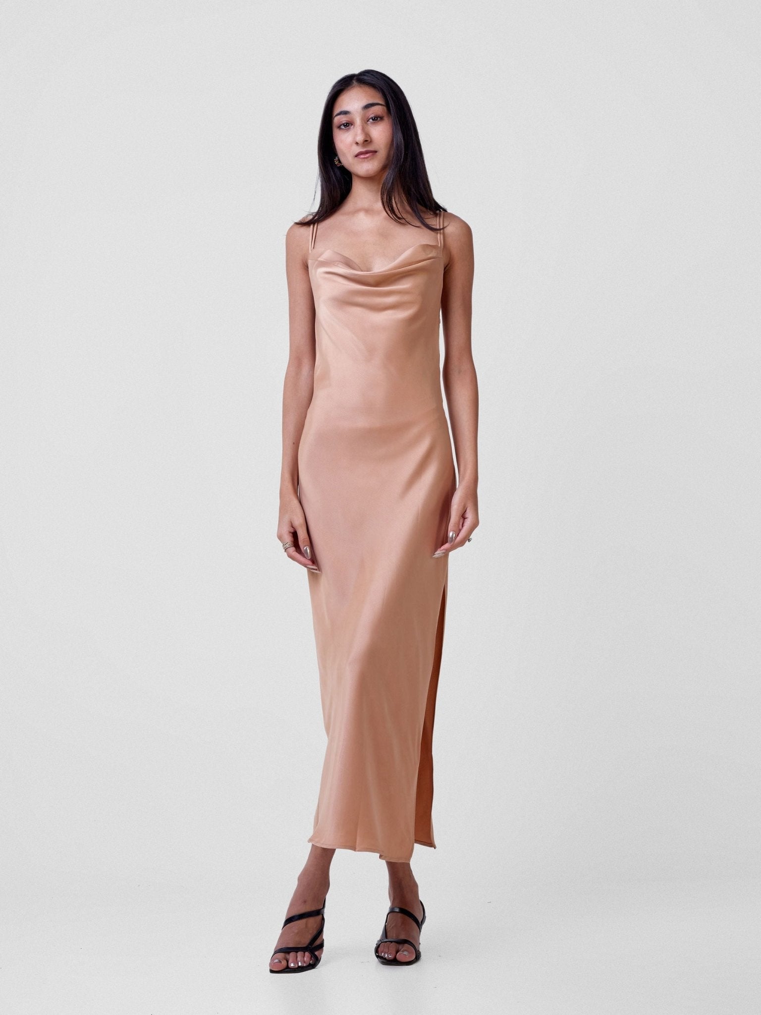 Carrie Wahu X SZ Long Satin Double Strap Dress - Tan - Shopzetu