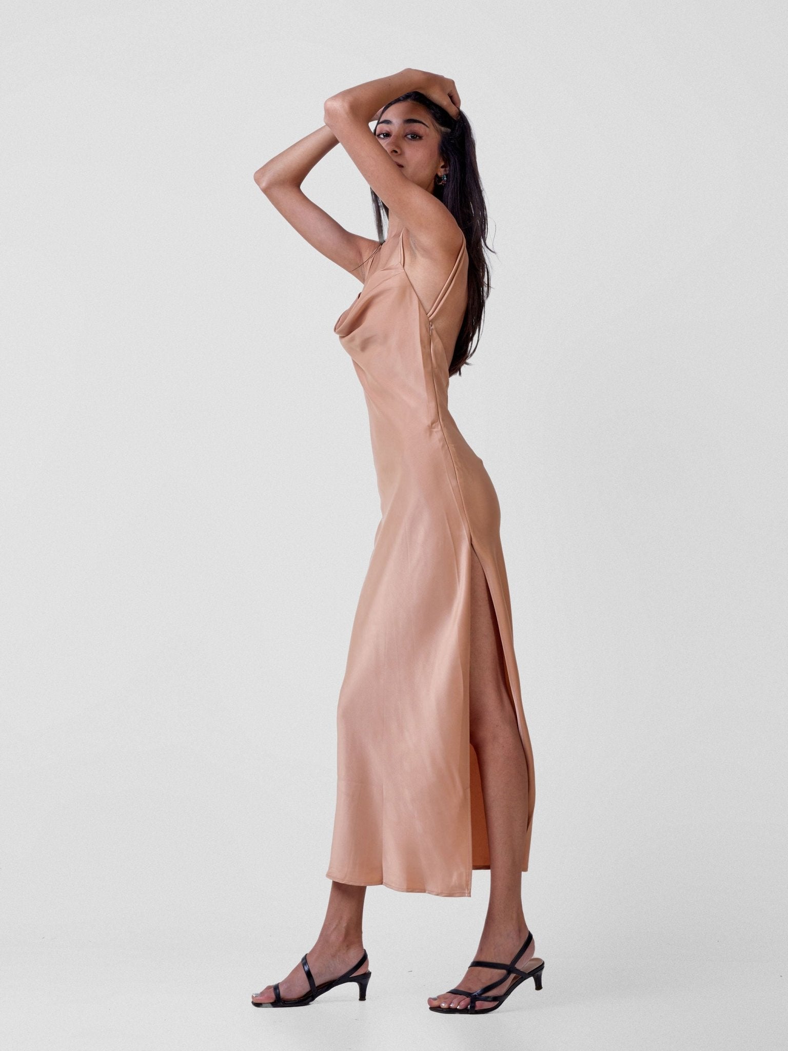 Carrie Wahu X SZ Long Satin Double Strap Dress - Tan - Shopzetu