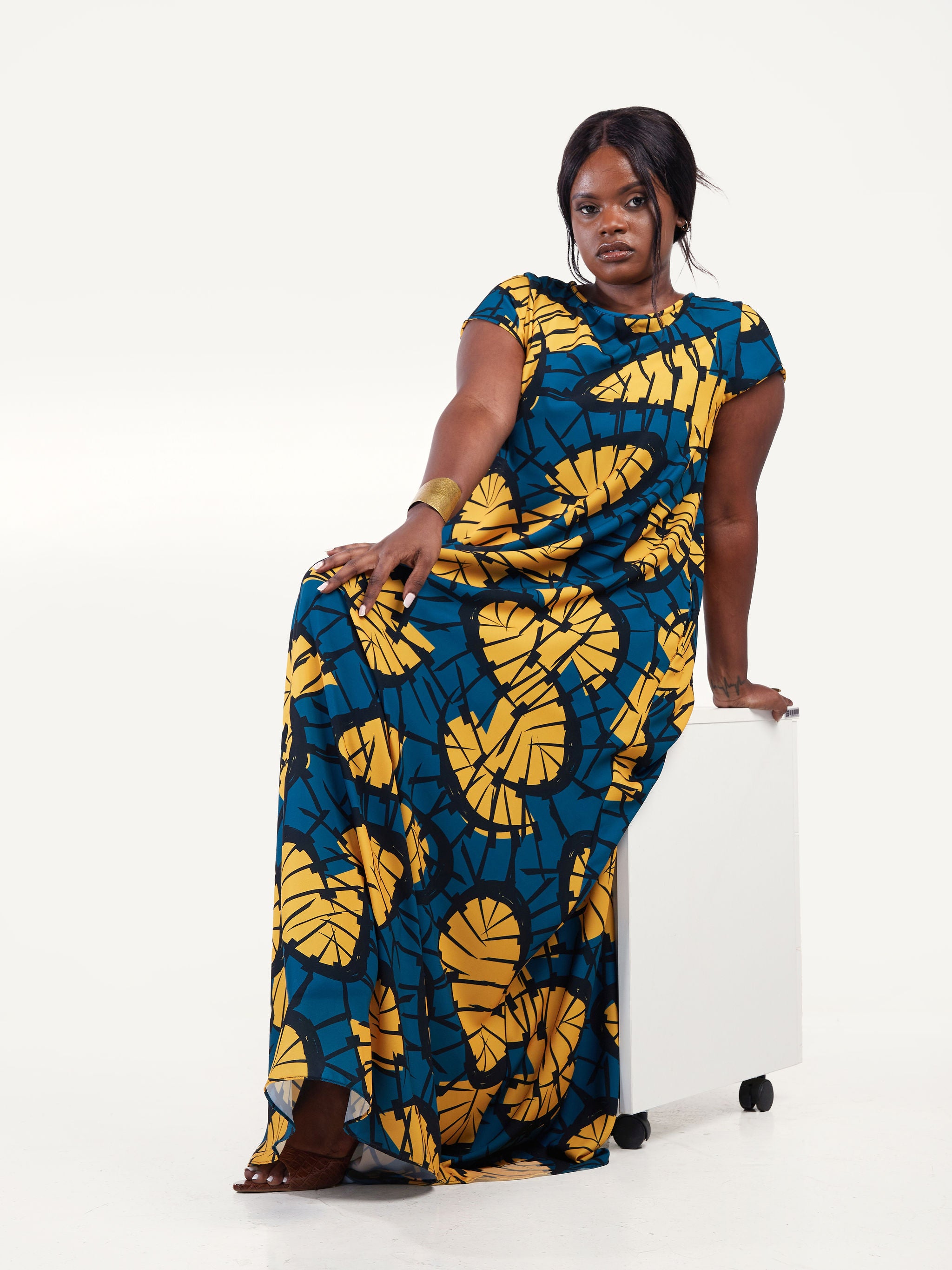 Vivo Basic Cap Sleeved Tent Maxi Dress - Teal / Mustard Abstract Print