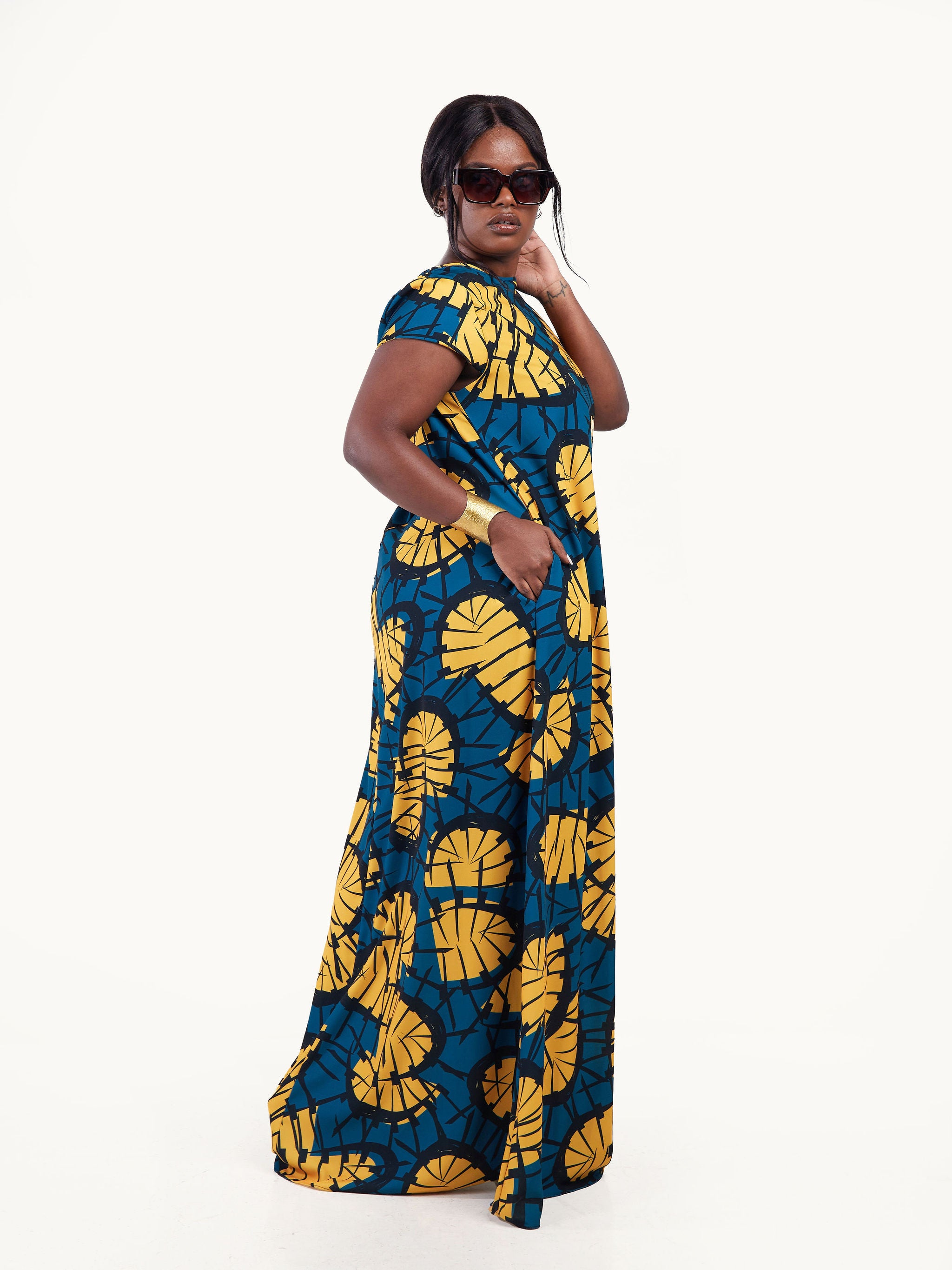 Vivo Basic Cap Sleeved Tent Maxi Dress - Teal / Mustard Abstract Print