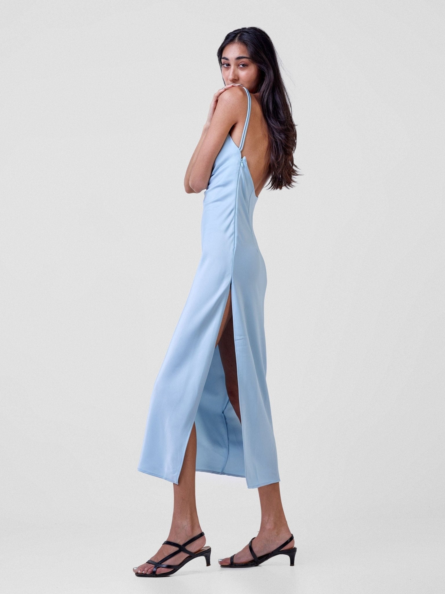 Carrie Wahu X SZ Long Satin Double Strap Dress - Light Blue - Shopzetu