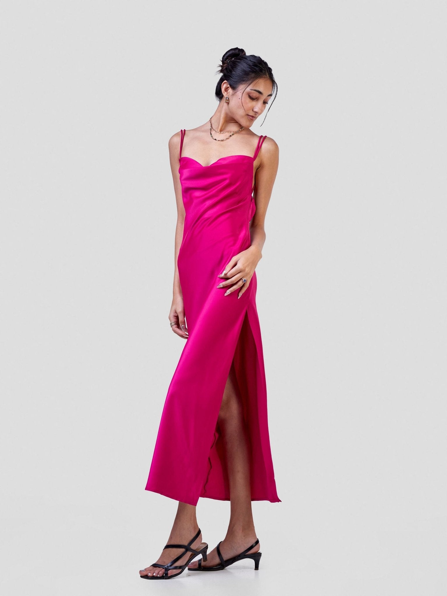 Carrie Wahu X SZ Long Satin Double Strap Dress - Hot Pink - Shopzetu