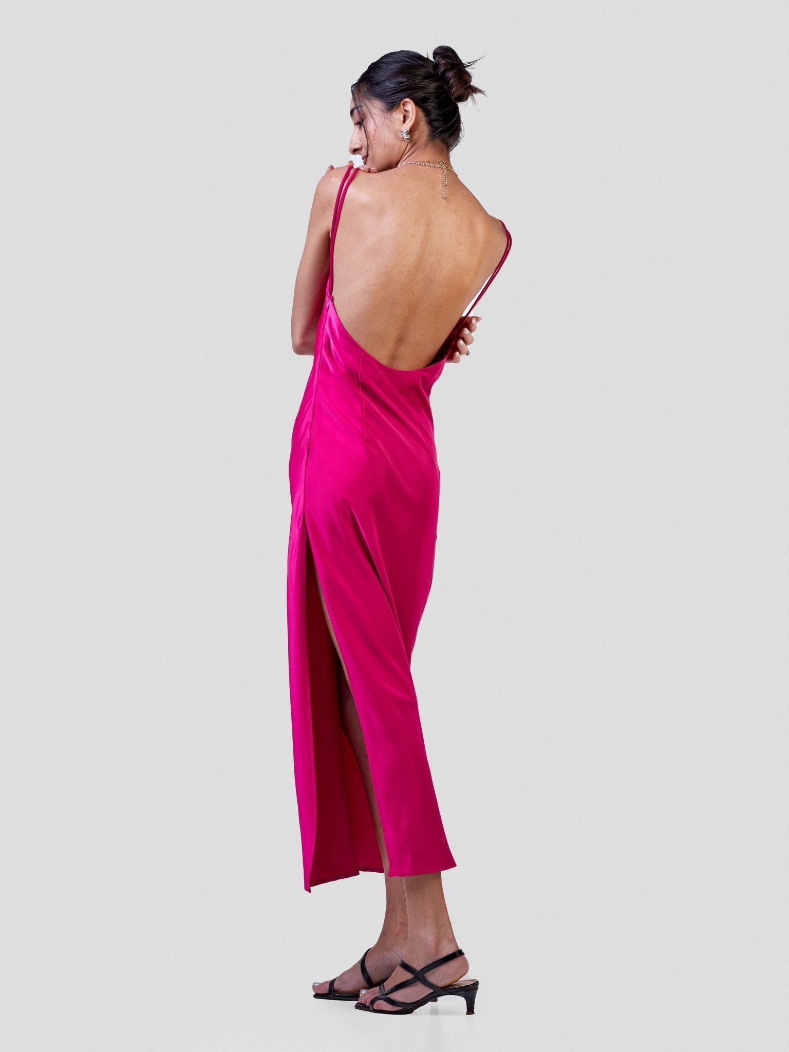 Carrie Wahu X SZ Long Satin Double Strap Dress - Hot Pink - Shopzetu