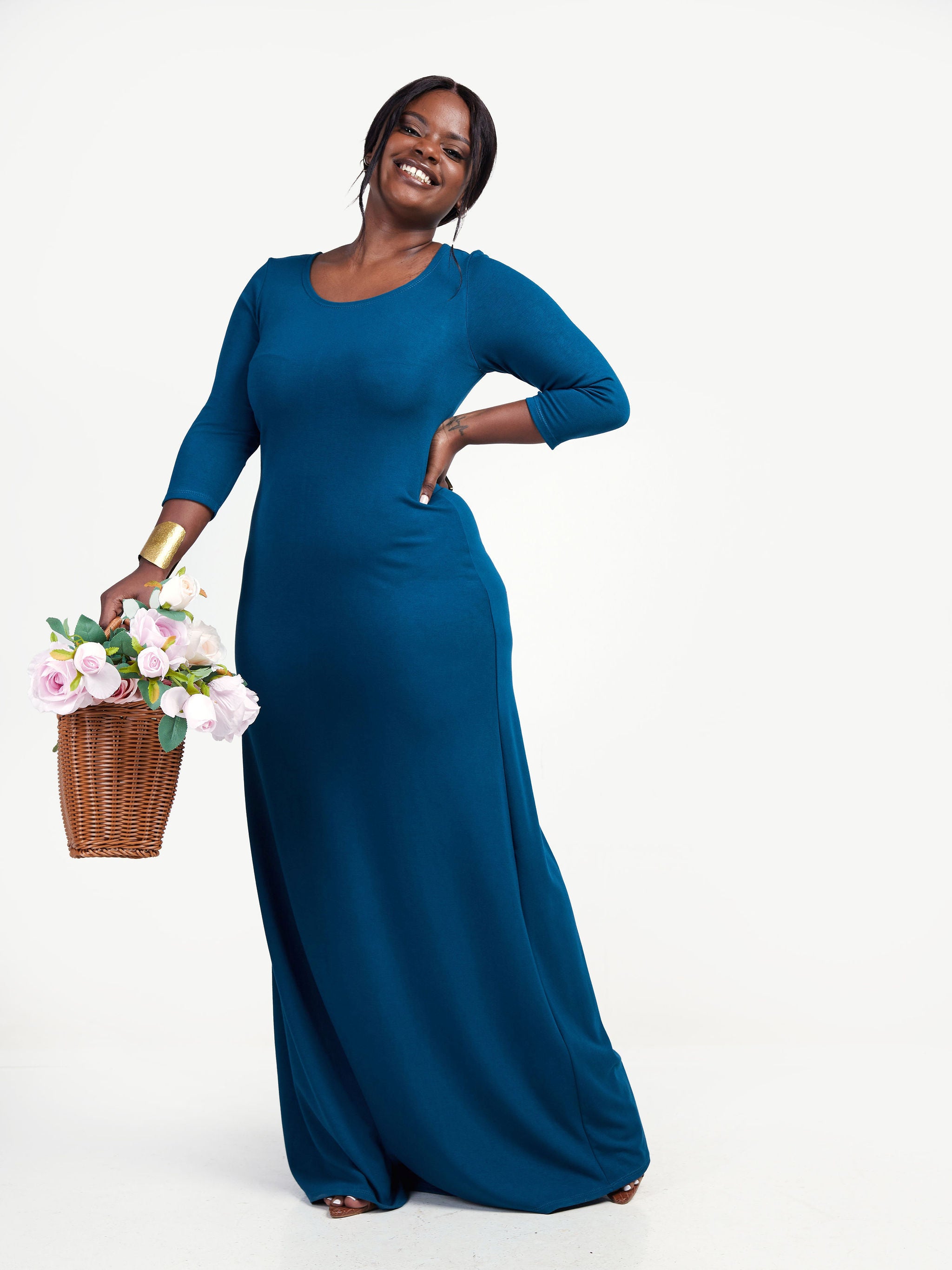 Vivo Basic 3/4 Sleeve A-Line Maxi Dress - Teal