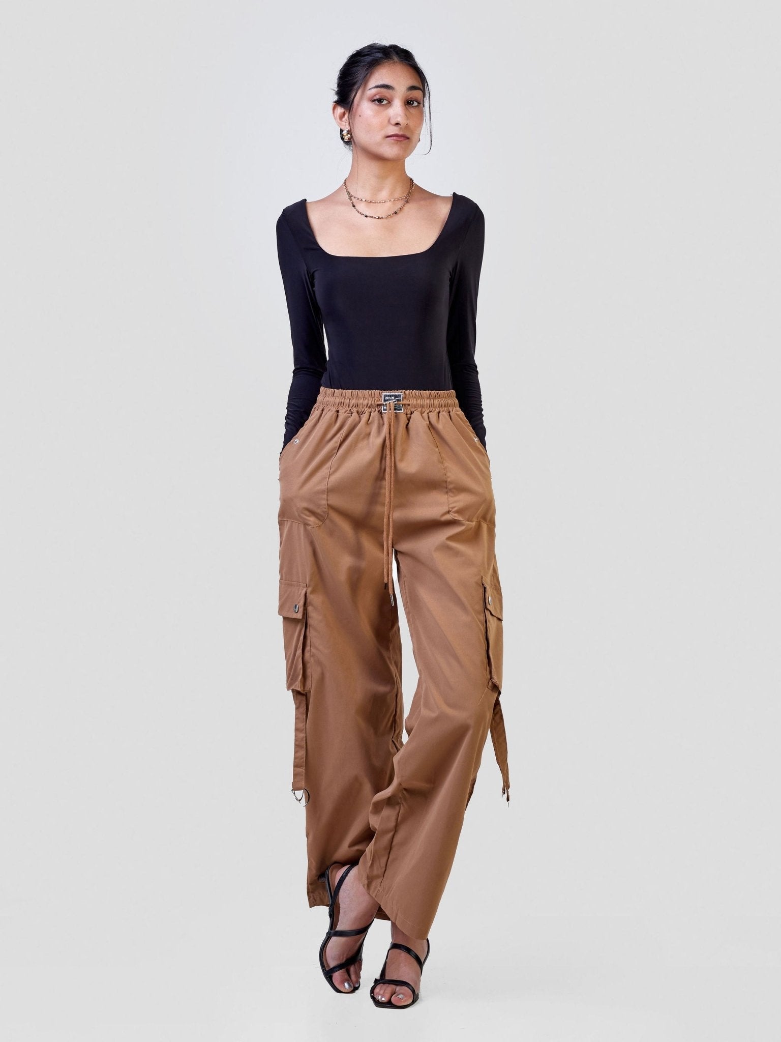 Carrie Wahu X SZ Midi Rise ''Design'' Straight Fit Cargo Trousers - Khaki Brown - Shopzetu