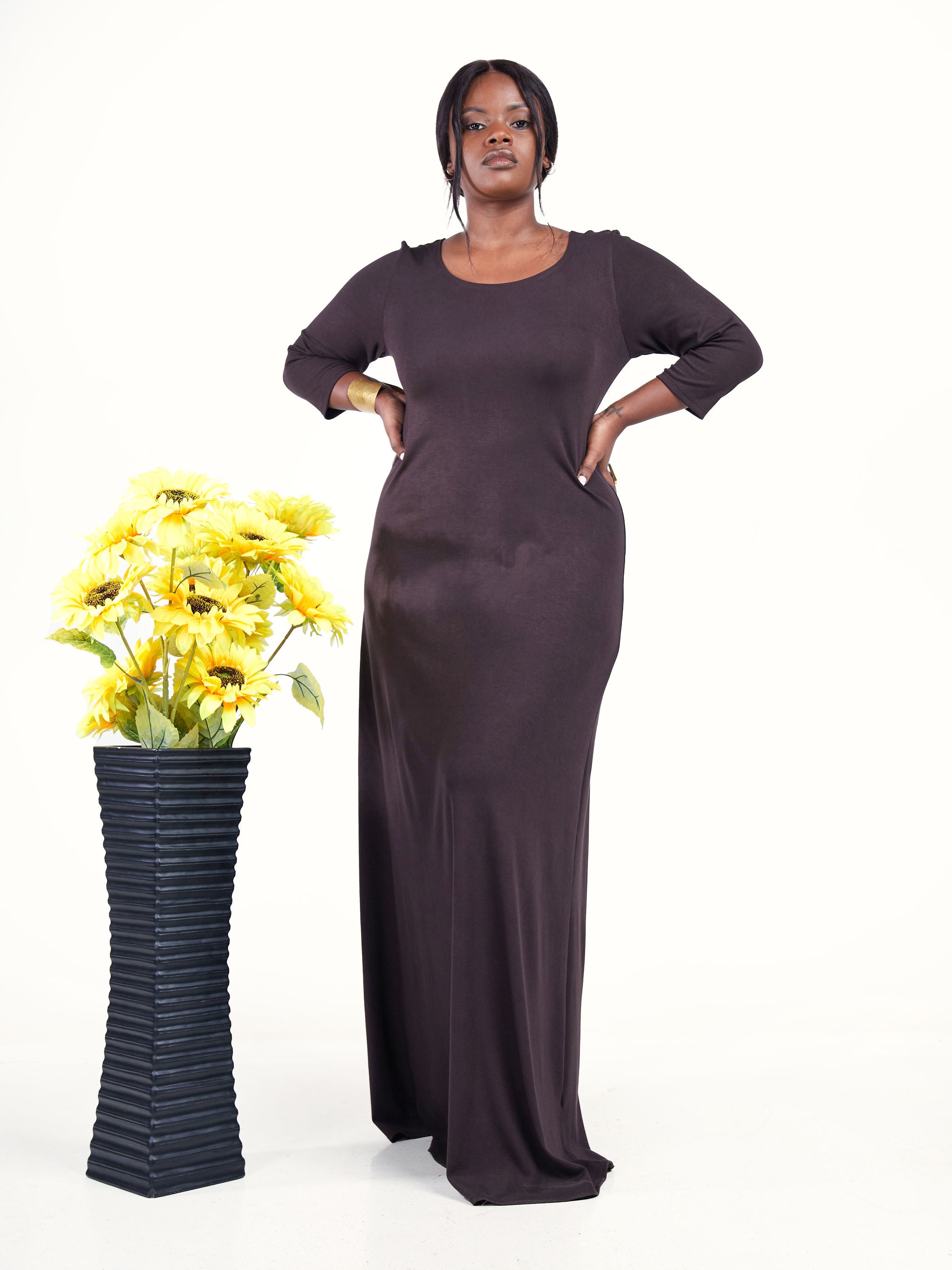 Vivo Basic 3/4 Sleeve A-Line Maxi Dress - Chocolate