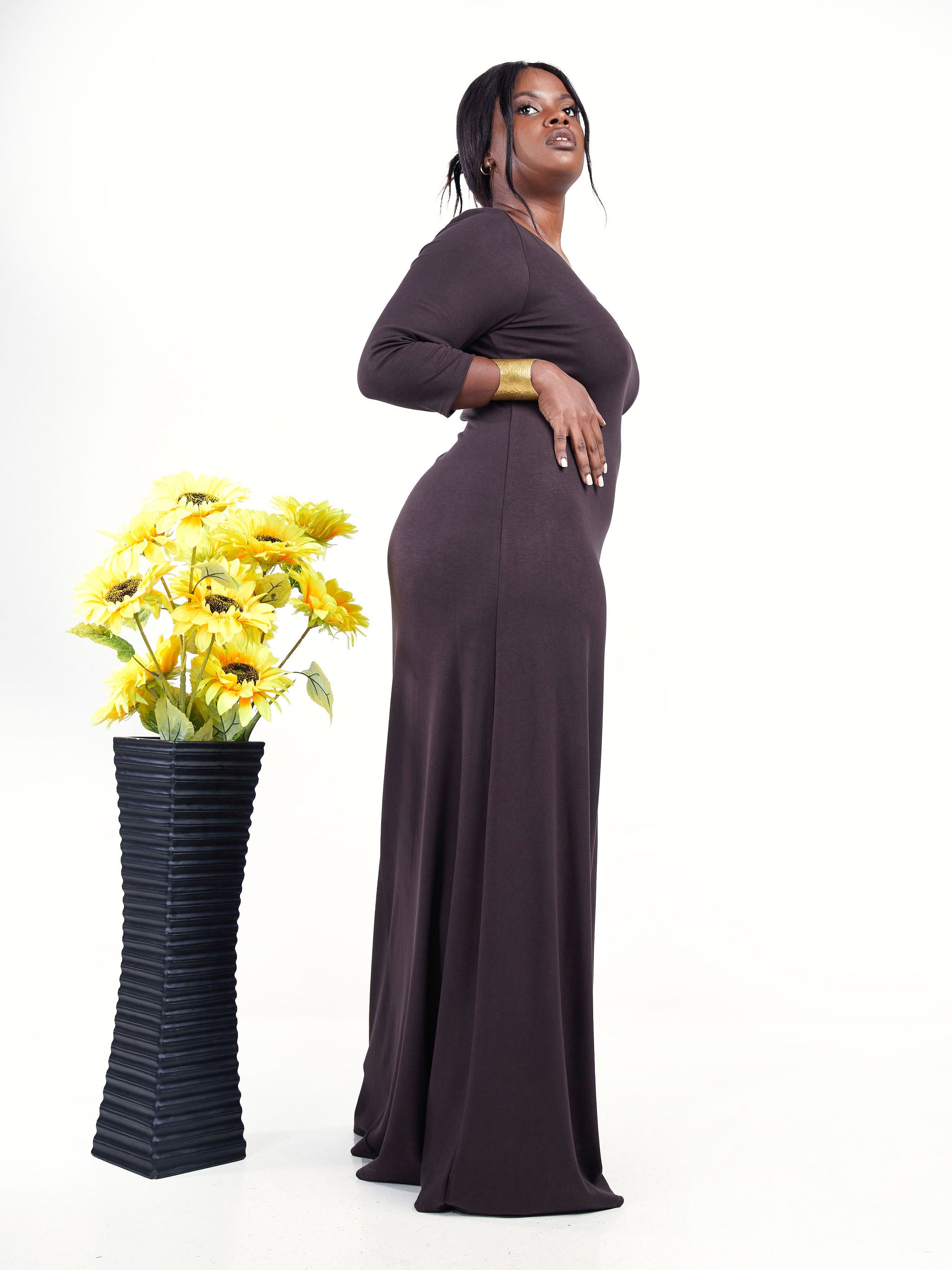 Vivo Basic 3/4 Sleeve A-Line Maxi Dress - Chocolate