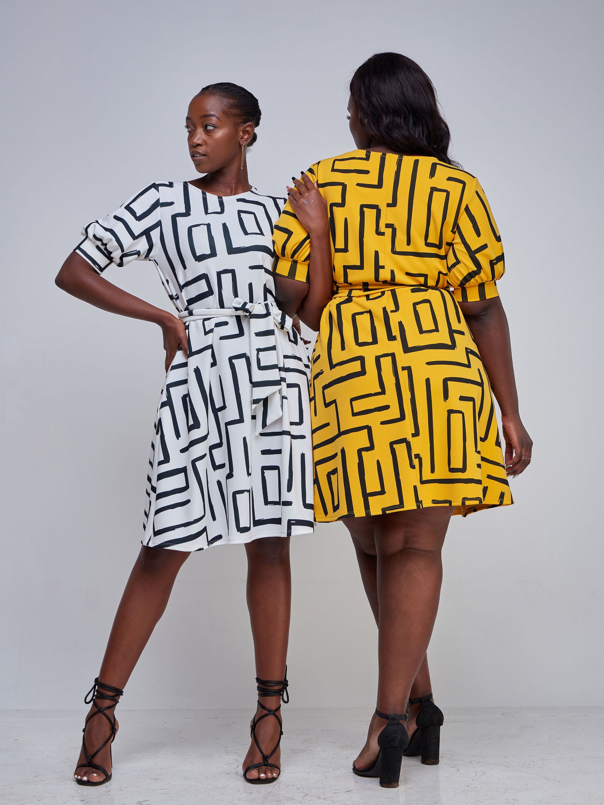 Vivo Imara Puff Sleeve Tent Dress - White / Black Abstract Print