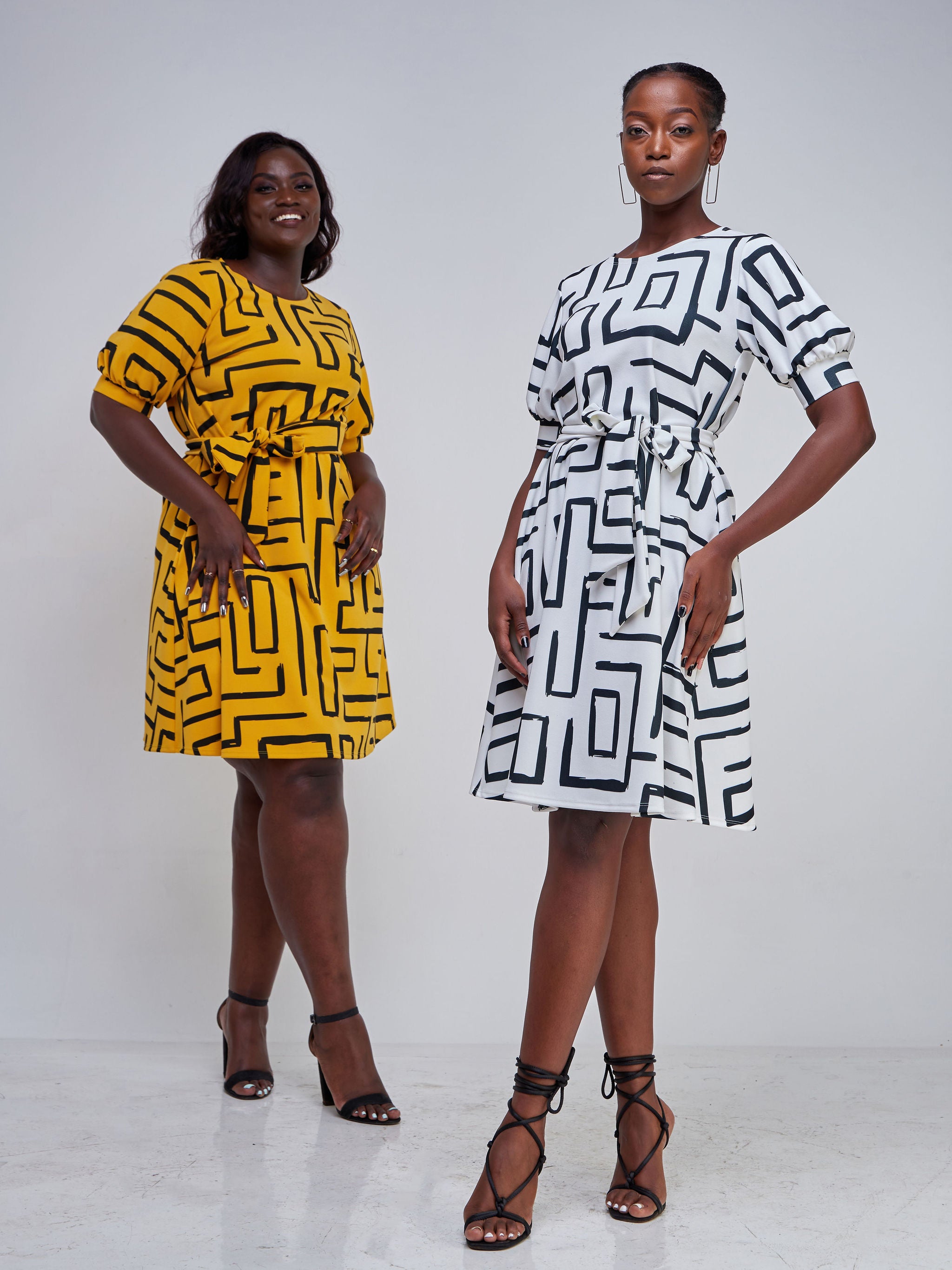 Vivo Imara Puff Sleeve Tent Dress - White / Black Abstract Print