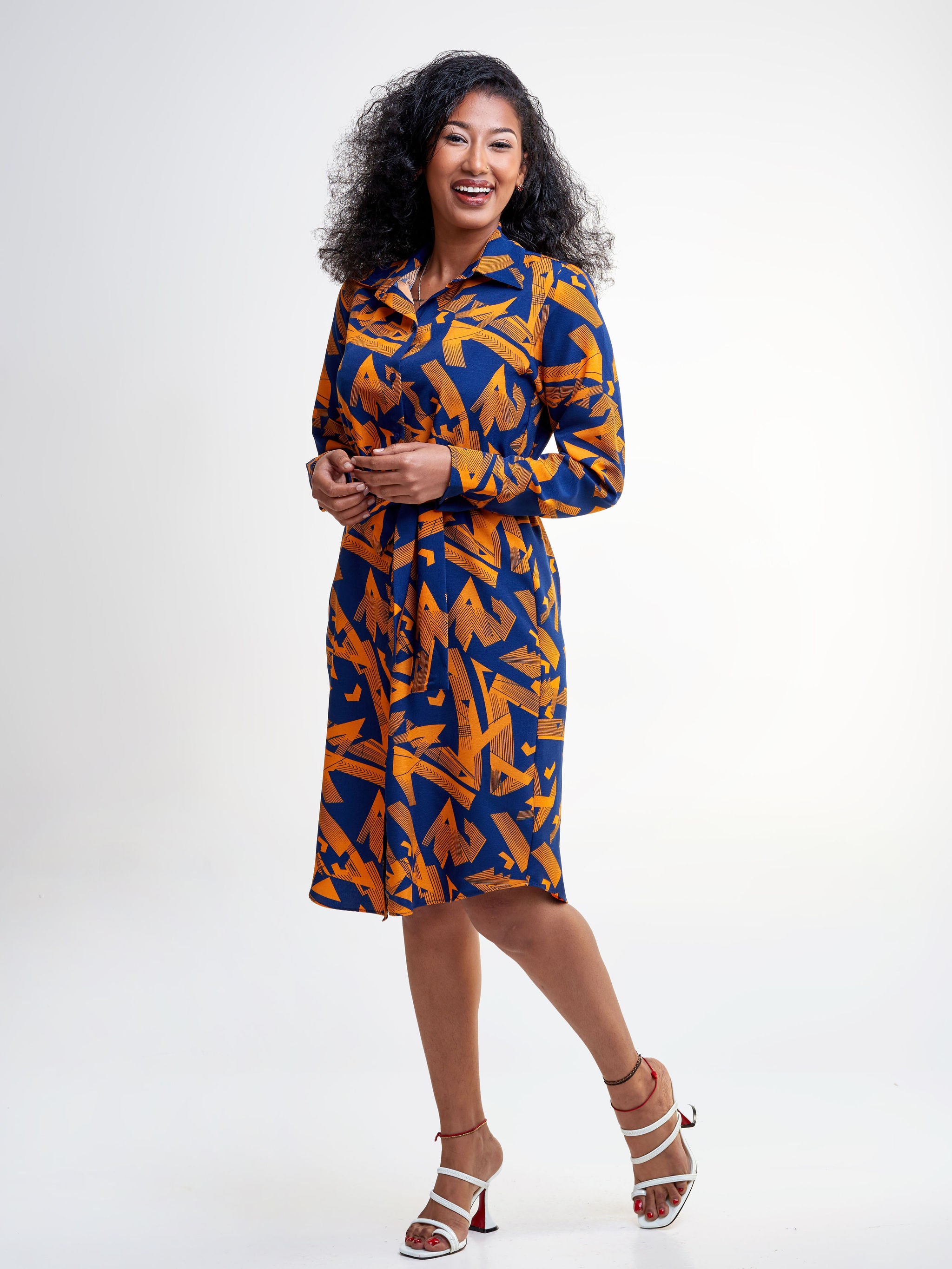 Vivo Basic Knee Length Shirt Dress - Orange / Navy Blue Geometric Print